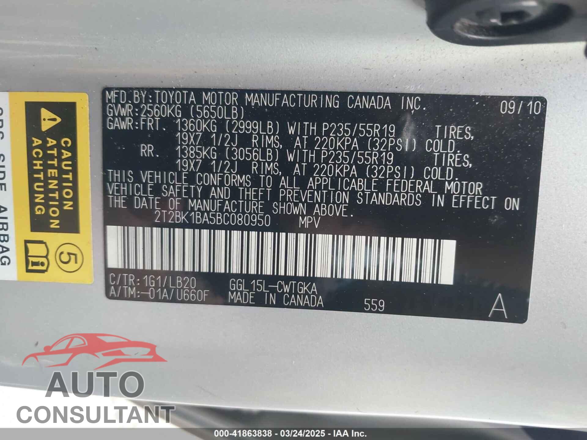 LEXUS RX 350 2011 - 2T2BK1BA5BC080950