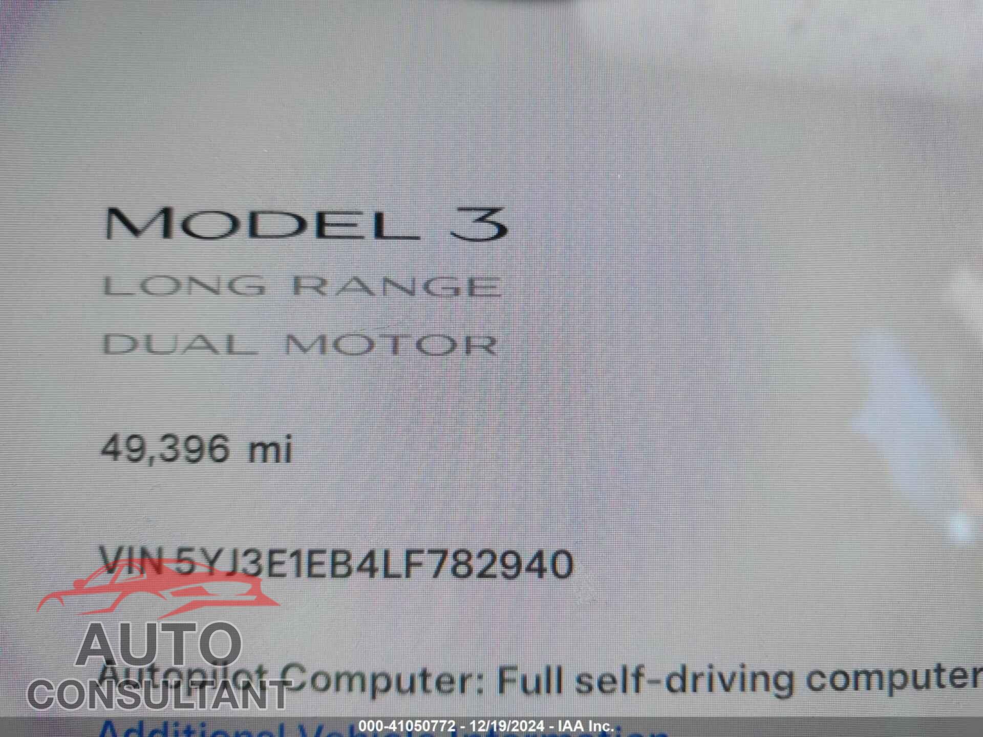 TESLA MODEL 3 2020 - 5YJ3E1EB4LF782940