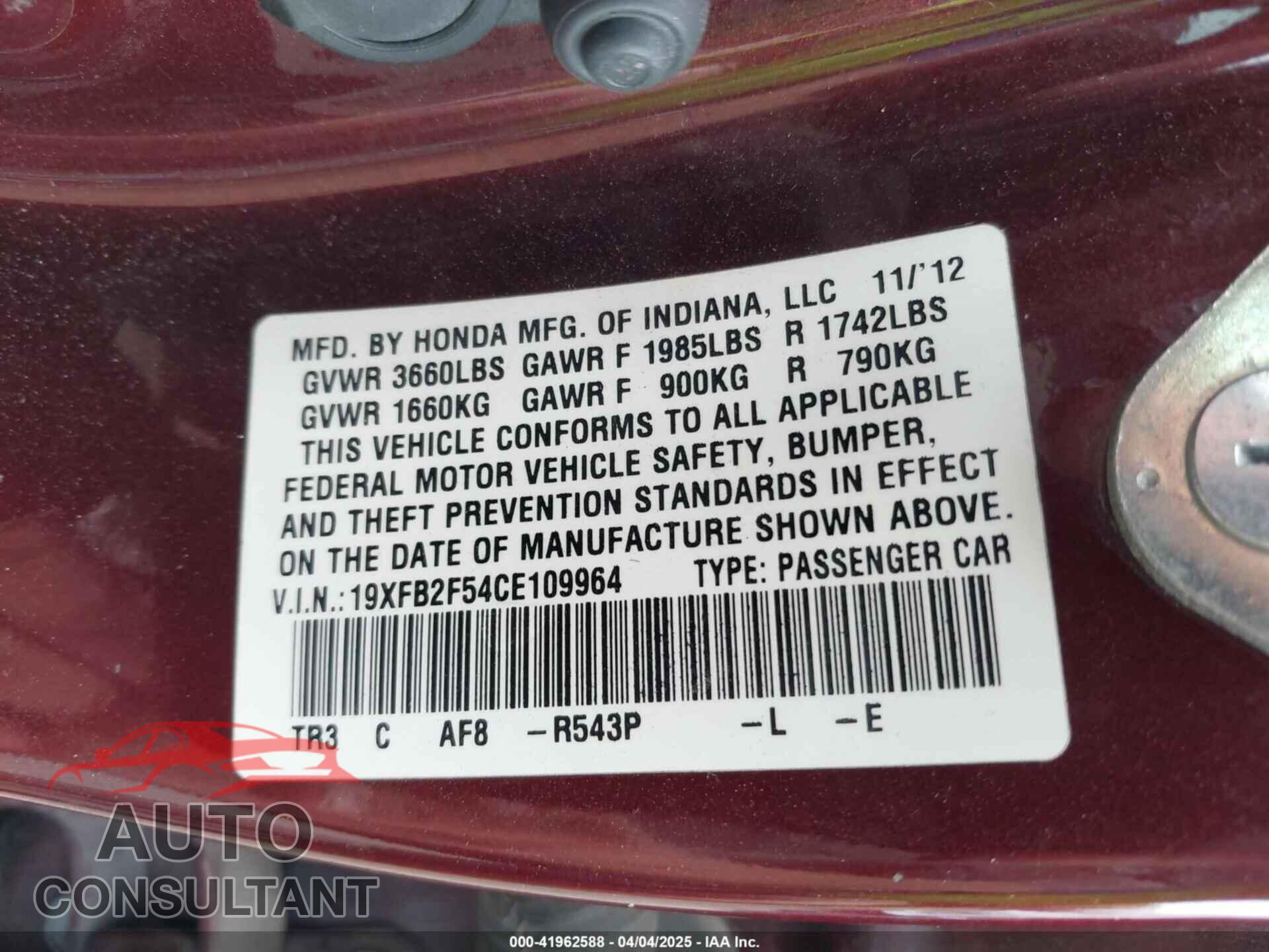 HONDA CIVIC 2012 - 19XFB2F54CE109964