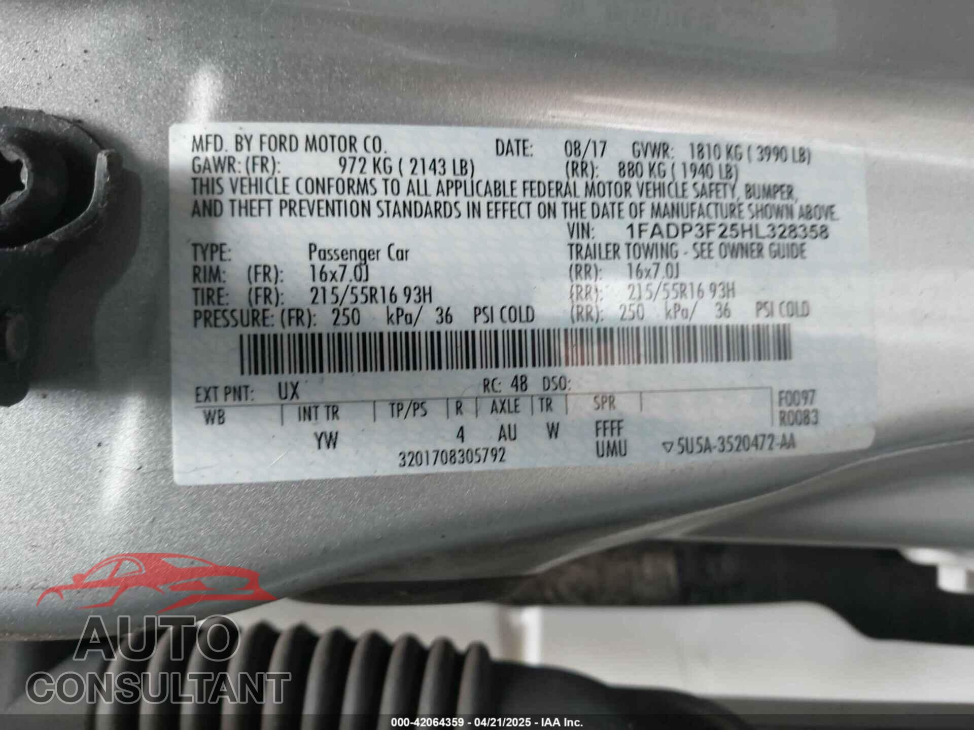 FORD FOCUS 2017 - 1FADP3F25HL328358