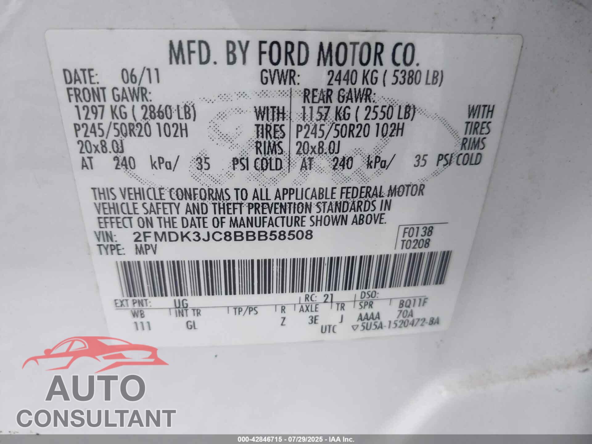 FORD EDGE 2011 - 2FMDK3JC8BBB58508