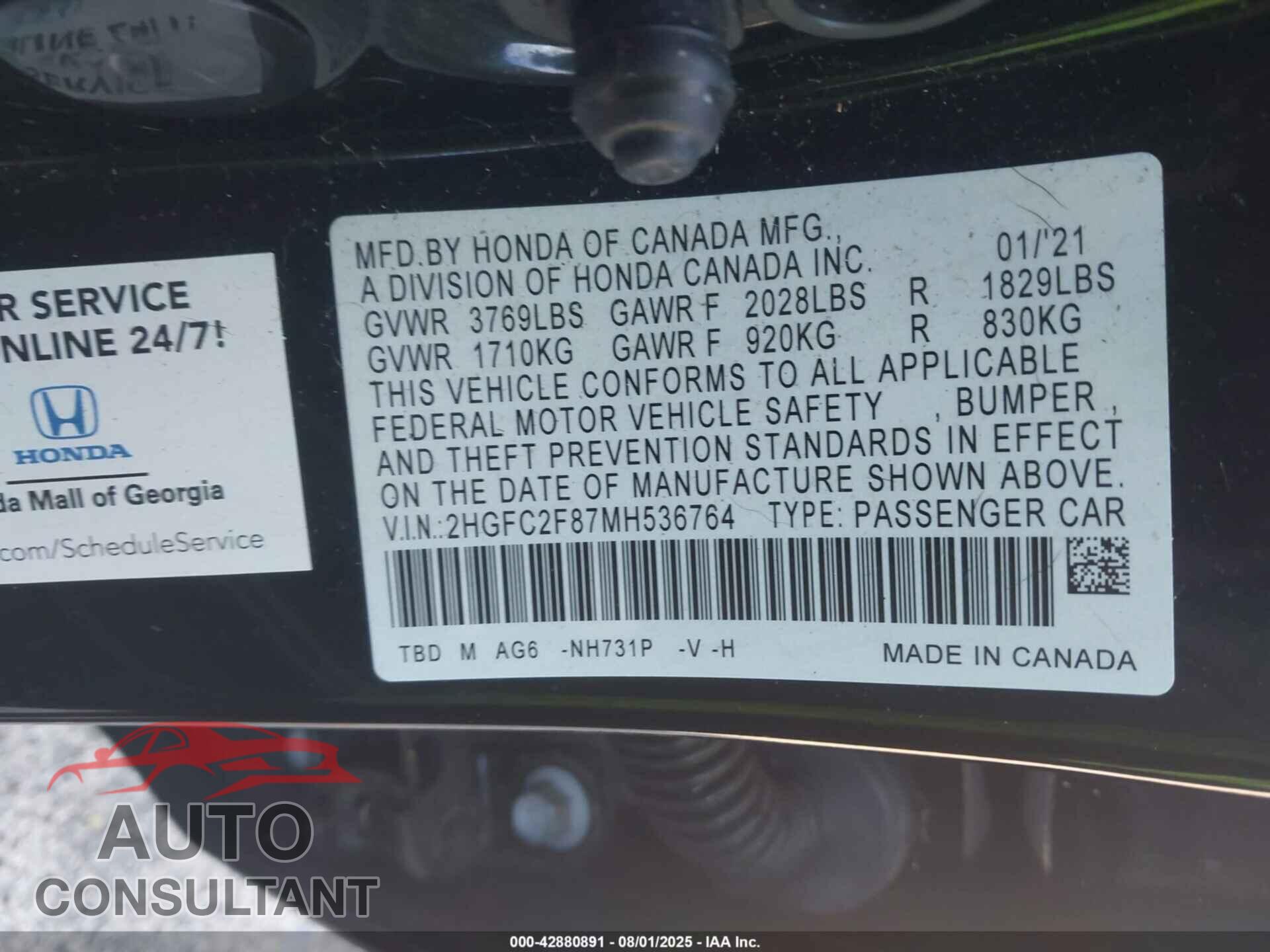 HONDA CIVIC 2021 - 2HGFC2F87MH536764