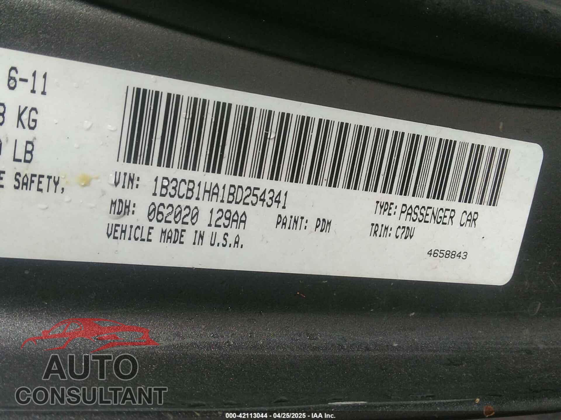 DODGE CALIBER 2011 - 1B3CB1HA1BD254341