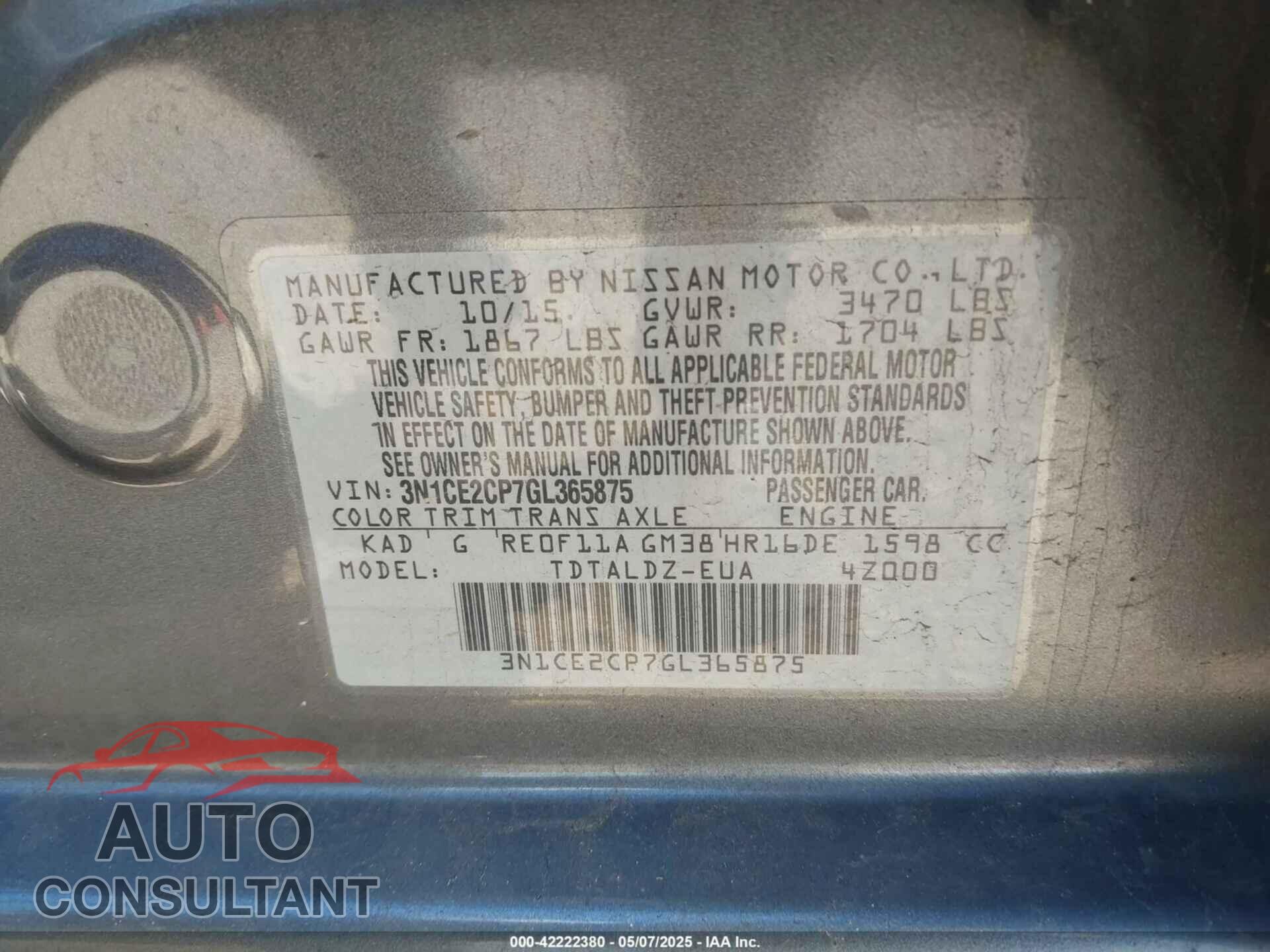 NISSAN VERSA NOTE 2016 - 3N1CE2CP7GL365875