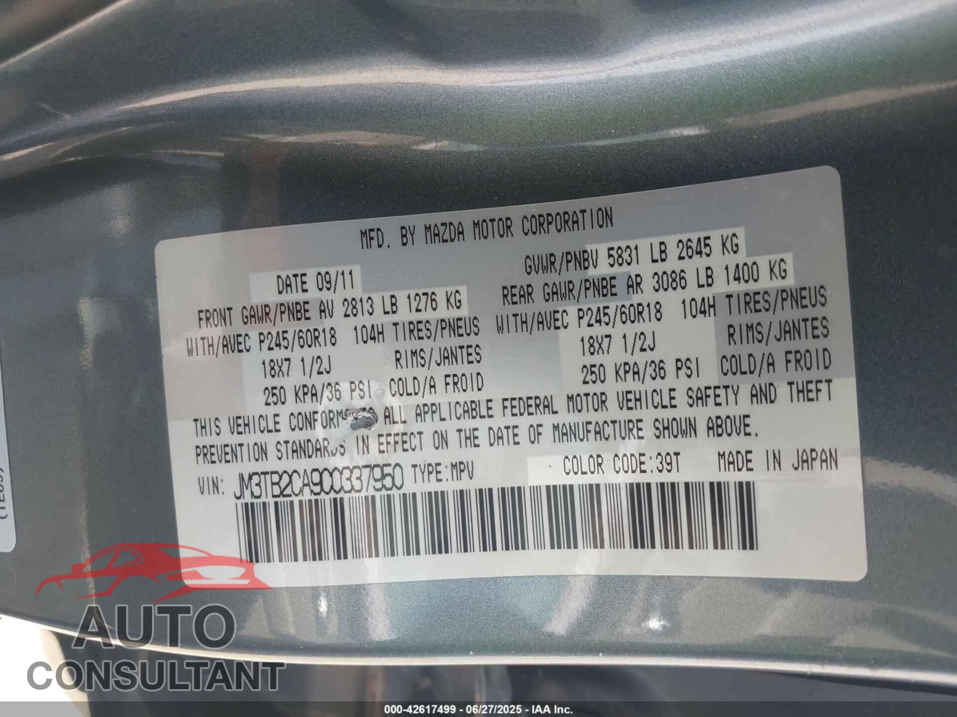 MAZDA CX-9 2012 - JM3TB2CA9C0337950