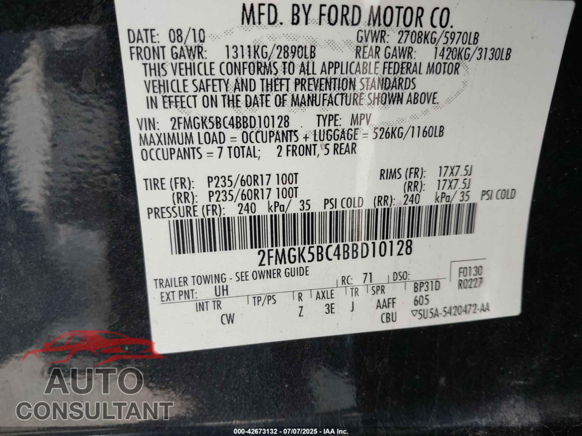 FORD FLEX 2011 - 2FMGK5BC4BBD10128