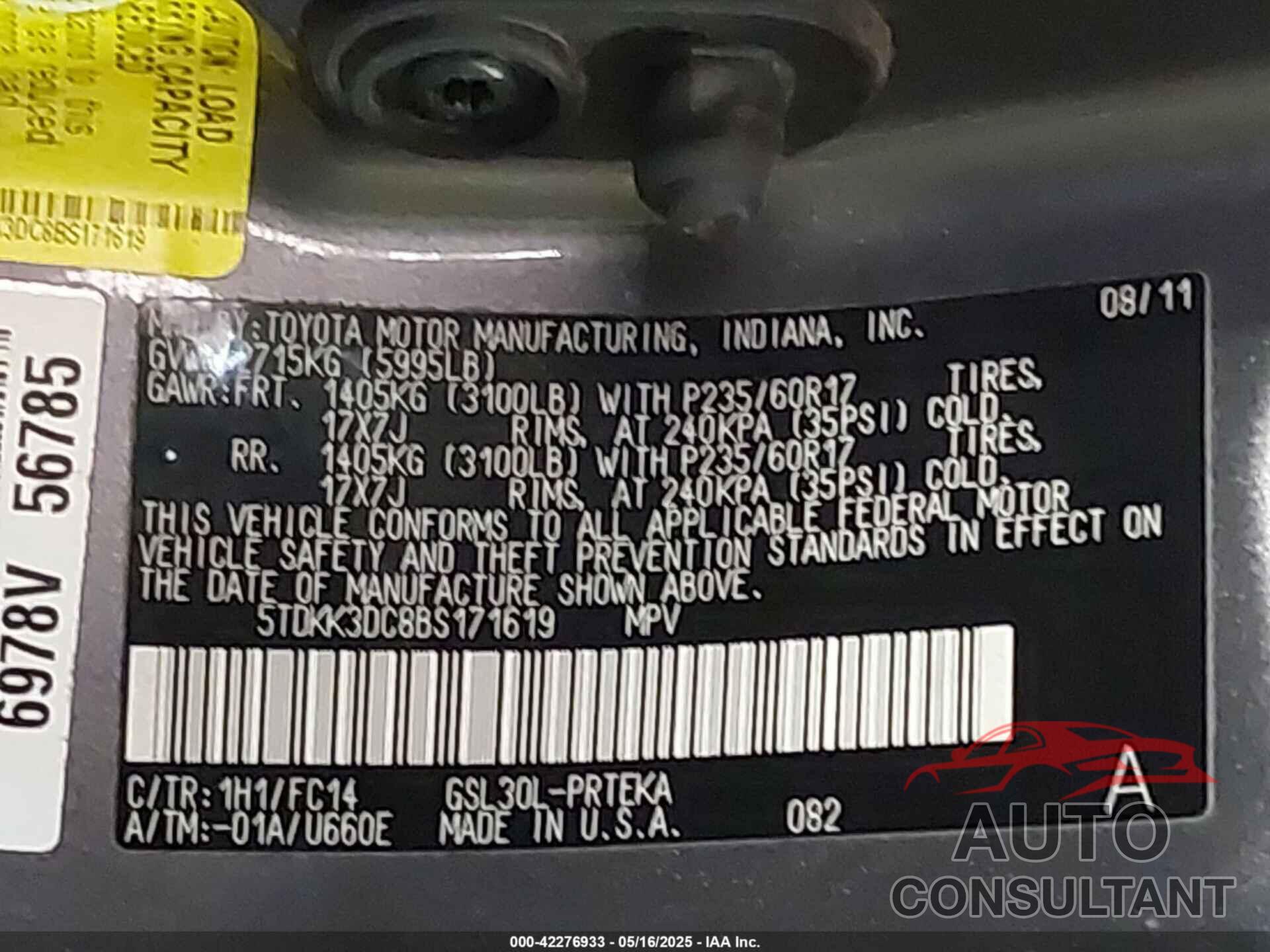 TOYOTA SIENNA 2011 - 5TDKK3DC8BS171619