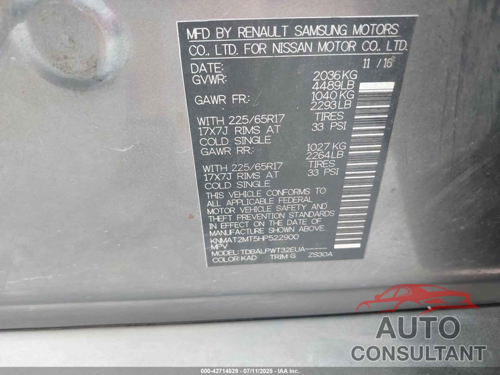 NISSAN ROGUE 2017 - KNMAT2MT5HP522900