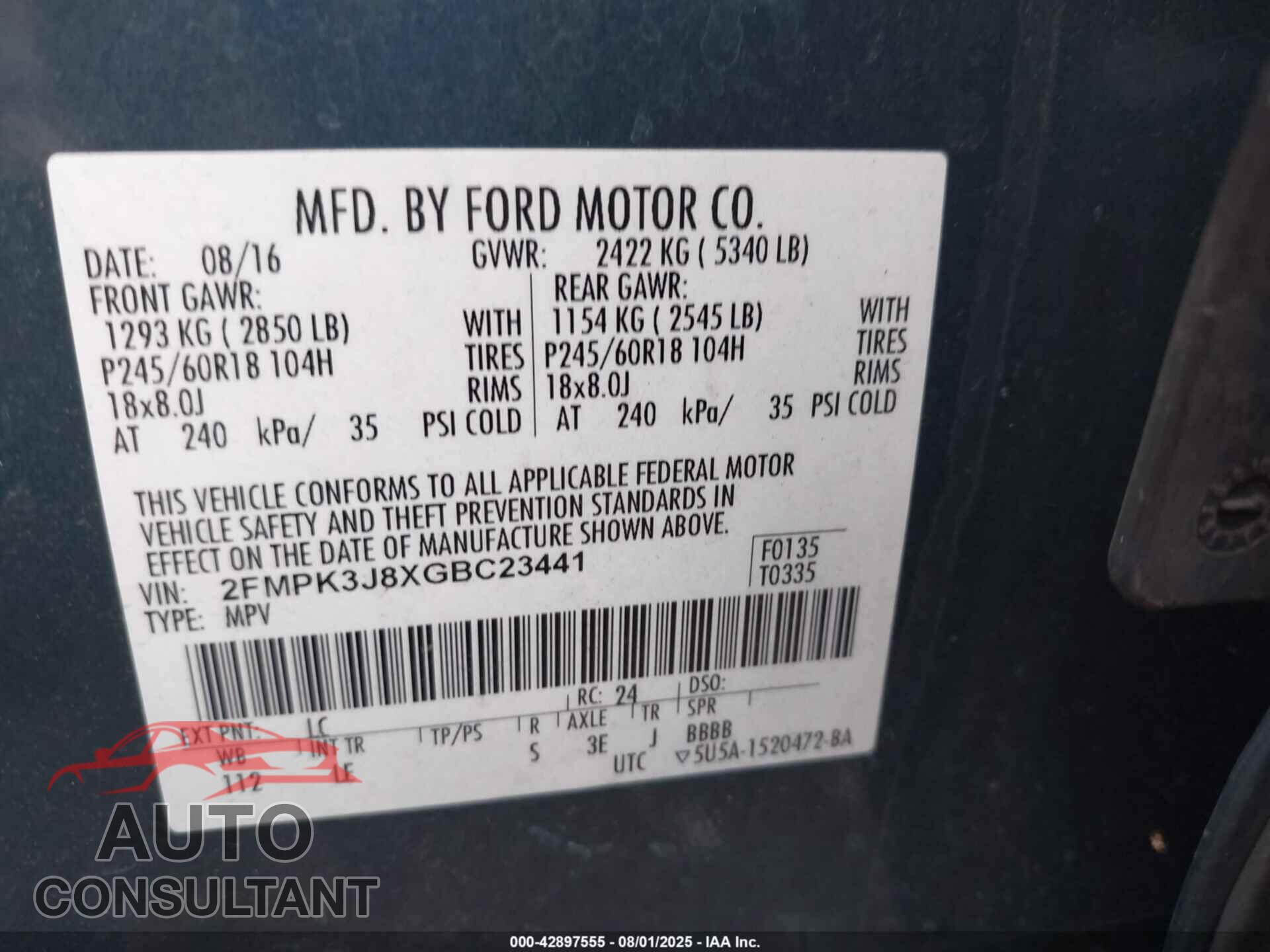 FORD EDGE 2016 - 2FMPK3J8XGBC23441