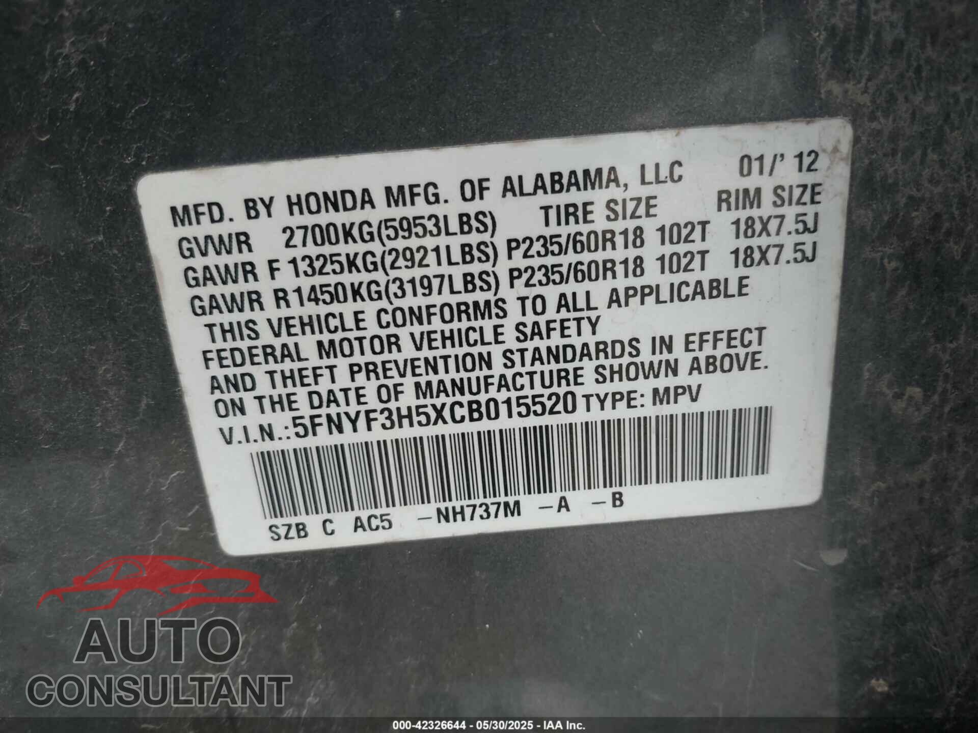 HONDA PILOT 2012 - 5FNYF3H5XCB015520