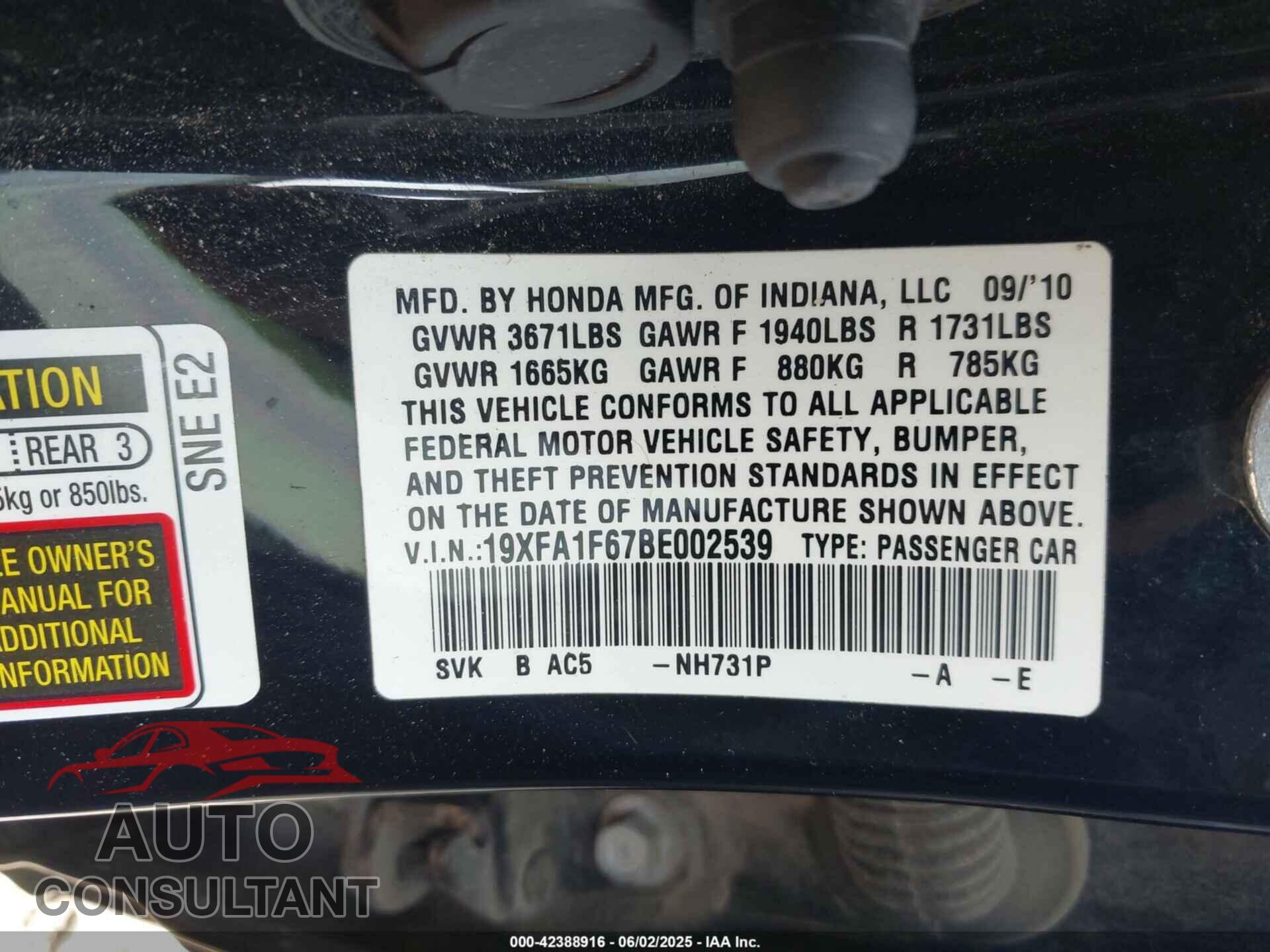 HONDA CIVIC 2011 - 19XFA1F67BE002539
