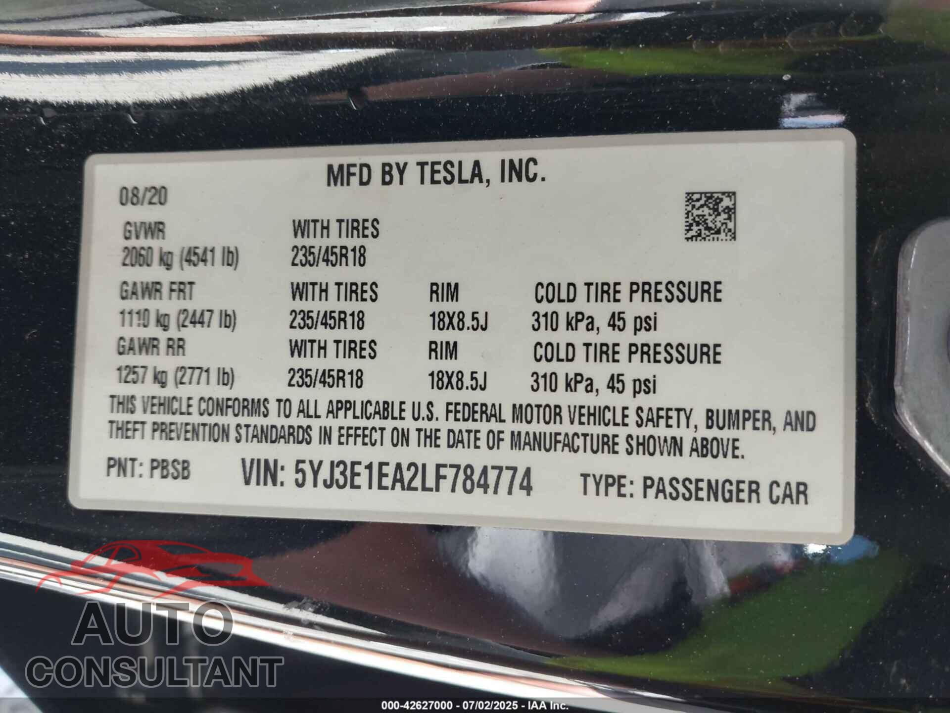 TESLA MODEL 3 2020 - 5YJ3E1EA2LF784774