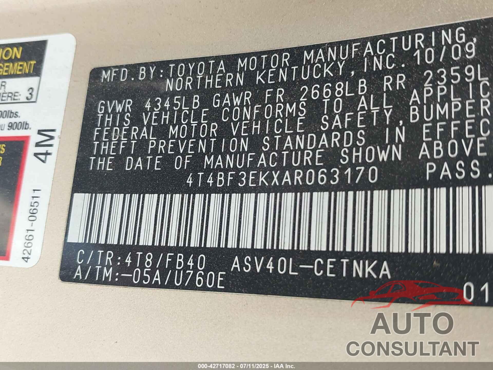 TOYOTA CAMRY 2010 - 4T4BF3EKXAR063170