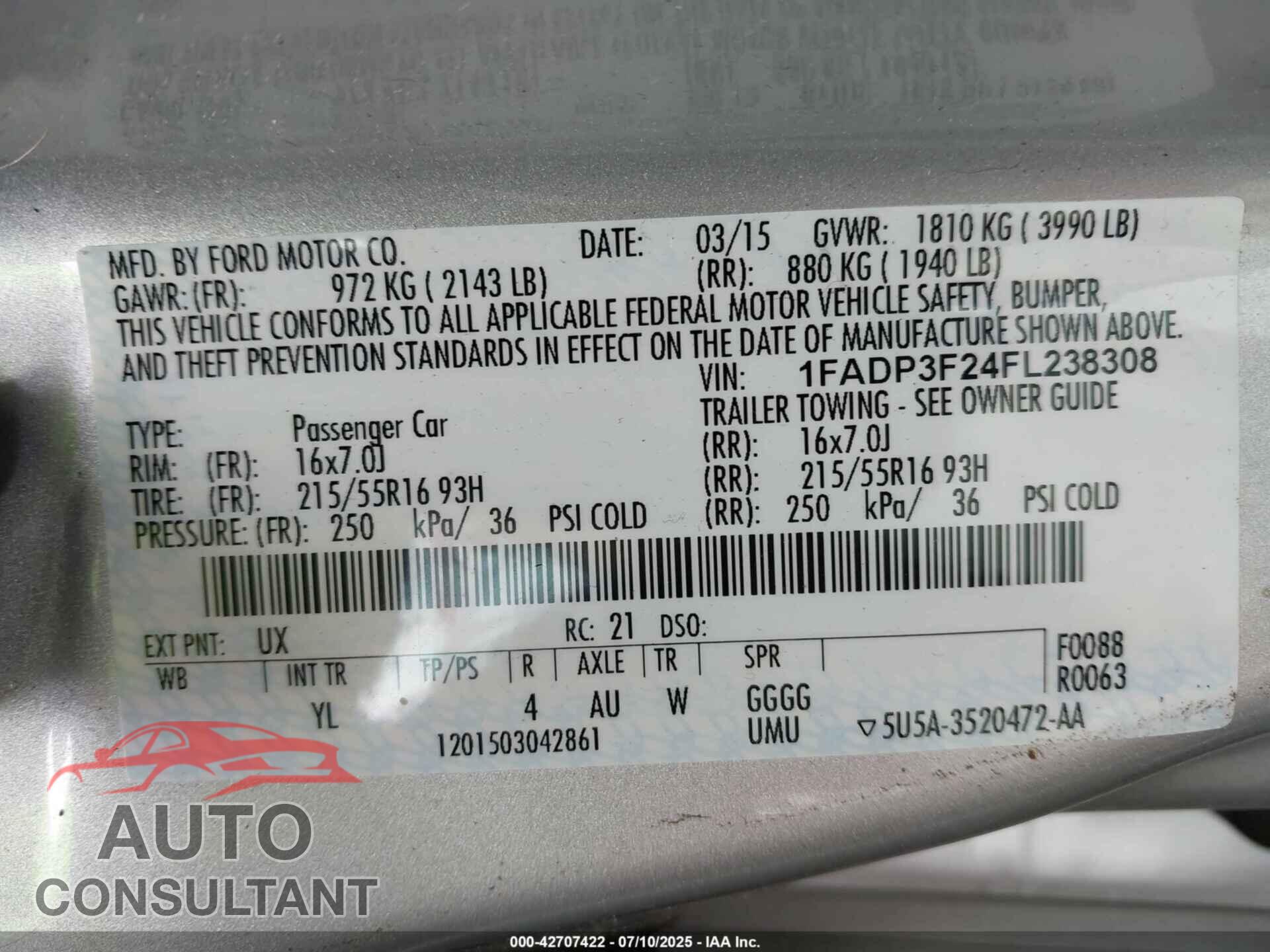 FORD FOCUS 2015 - 1FADP3F24FL238308