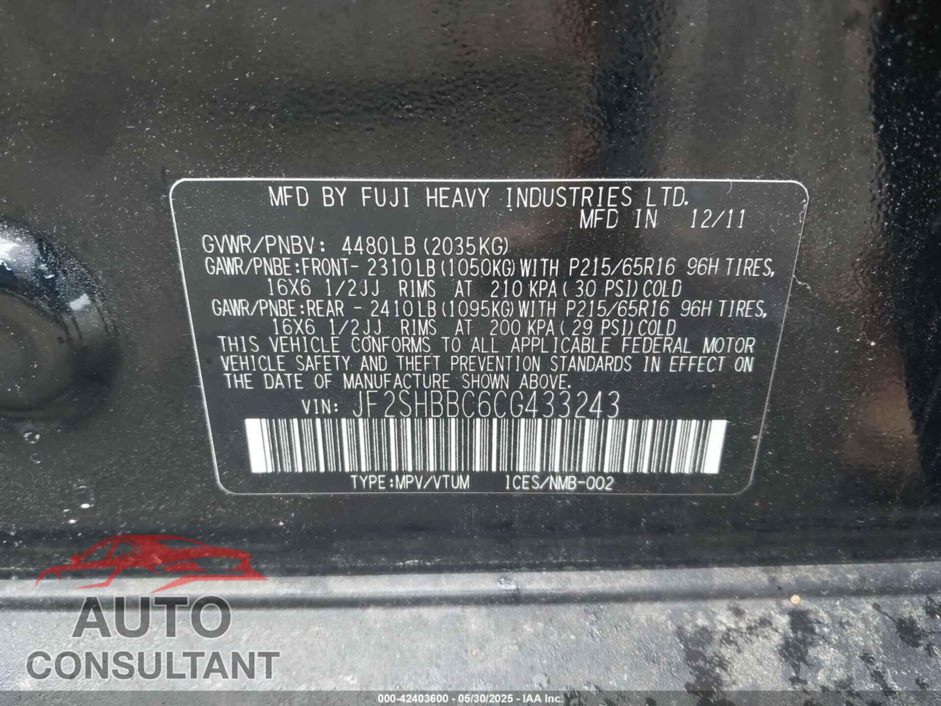 SUBARU FORESTER 2012 - JF2SHBBC6CG433243
