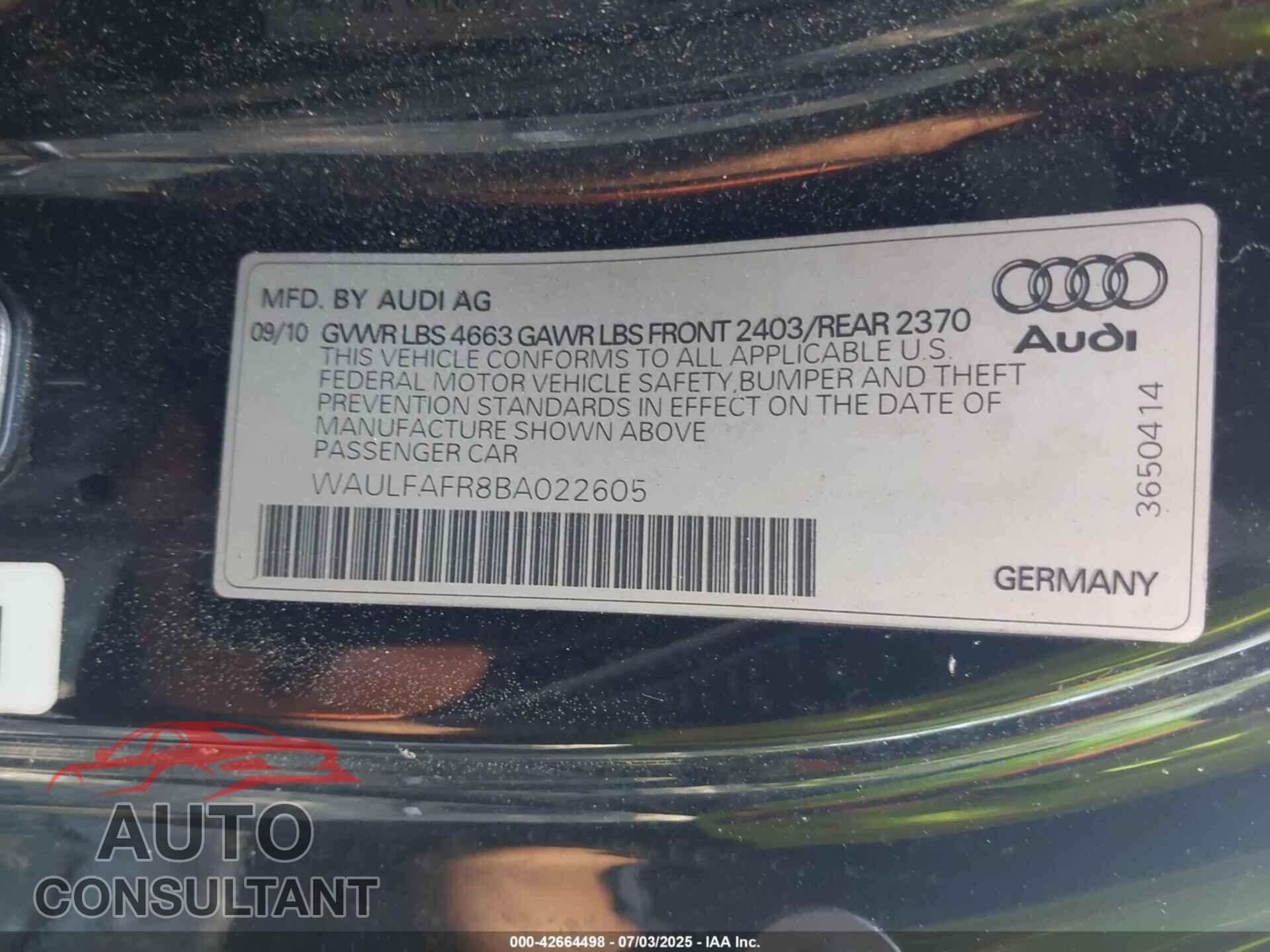 AUDI A5 2011 - WAULFAFR8BA022605