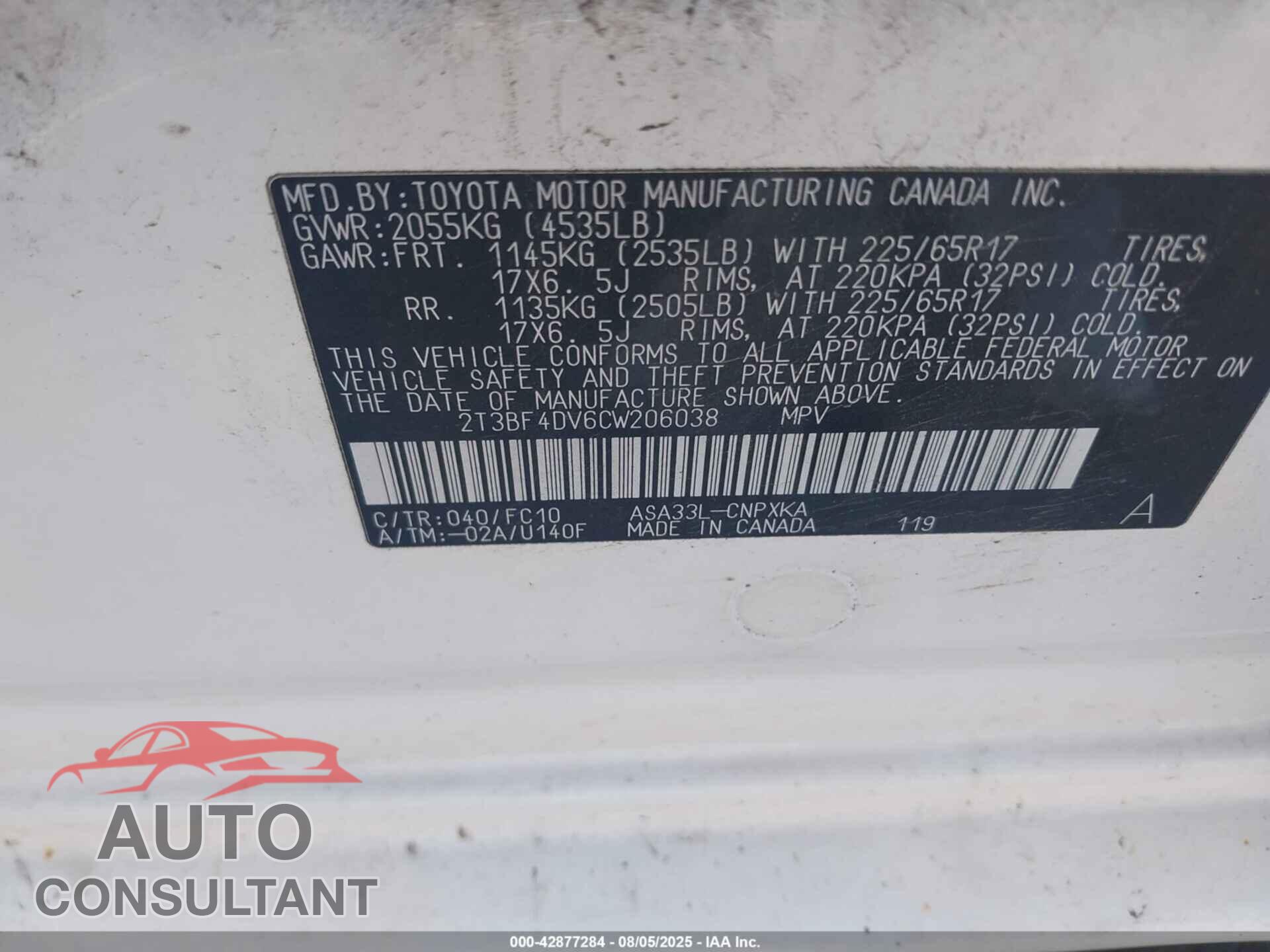 TOYOTA RAV4 2012 - 2T3BF4DV6CW206038