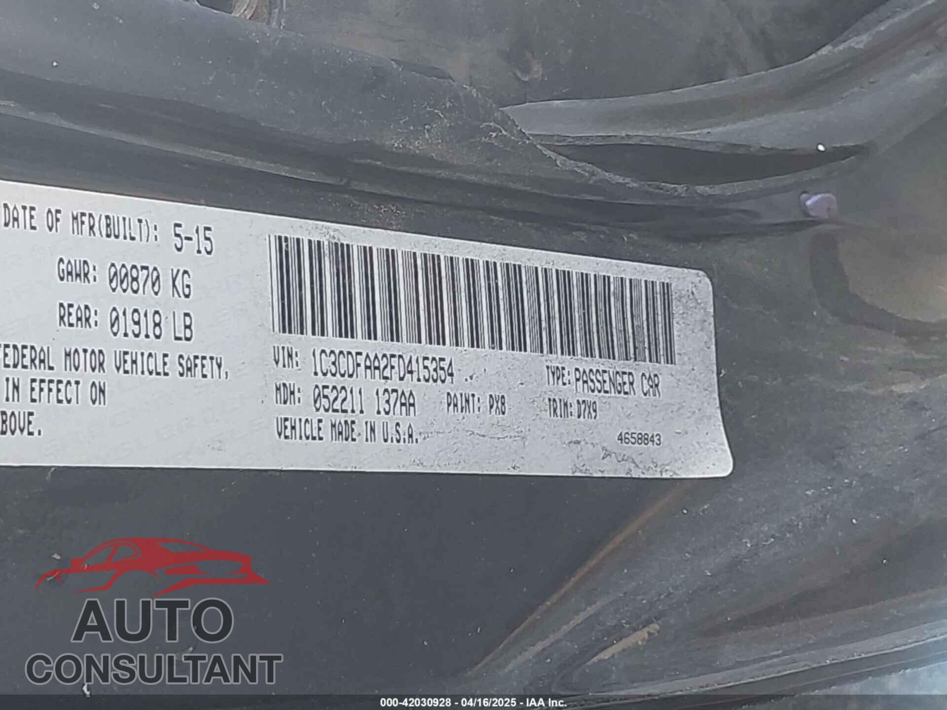 DODGE DART 2015 - 1C3CDFAA2FD415354