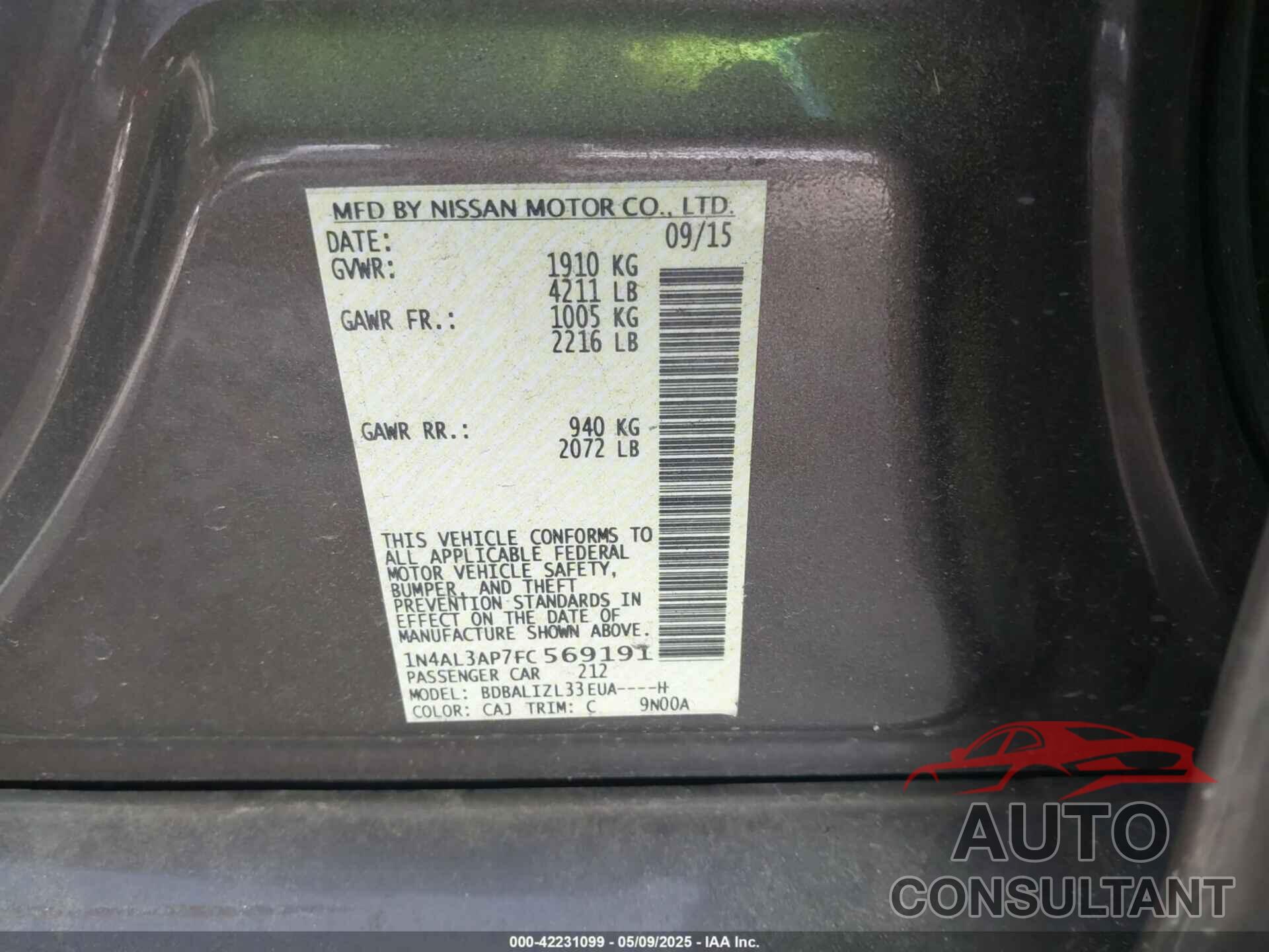 NISSAN ALTIMA 2015 - 1N4AL3AP7FC569191