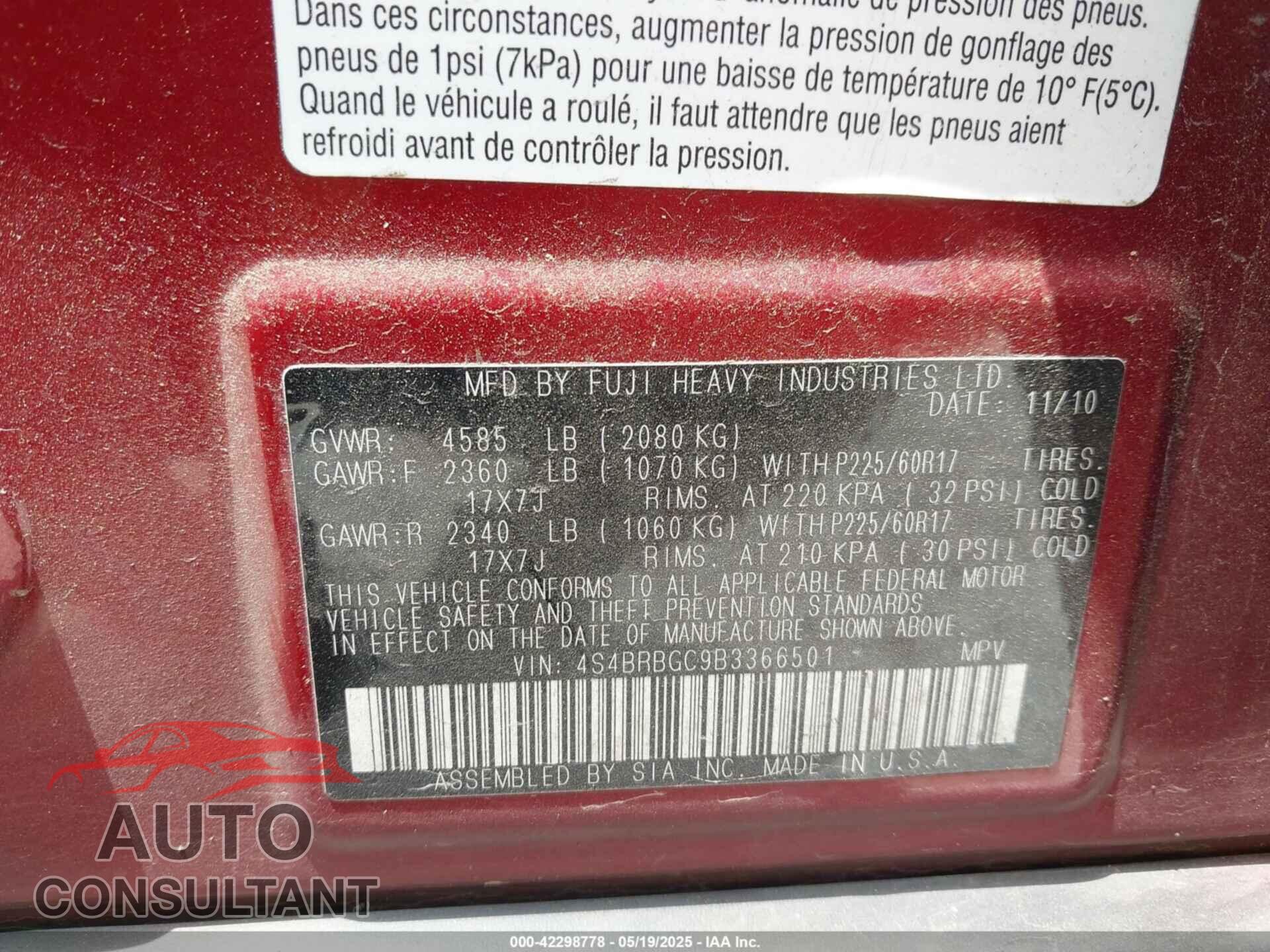 SUBARU OUTBACK 2011 - 4S4BRBGC9B3366501