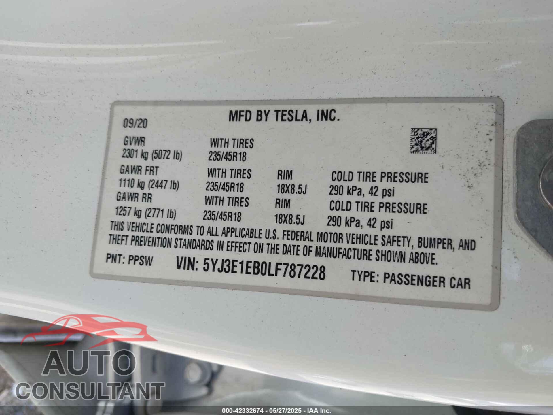 TESLA MODEL 3 2020 - 5YJ3E1EB0LF787228