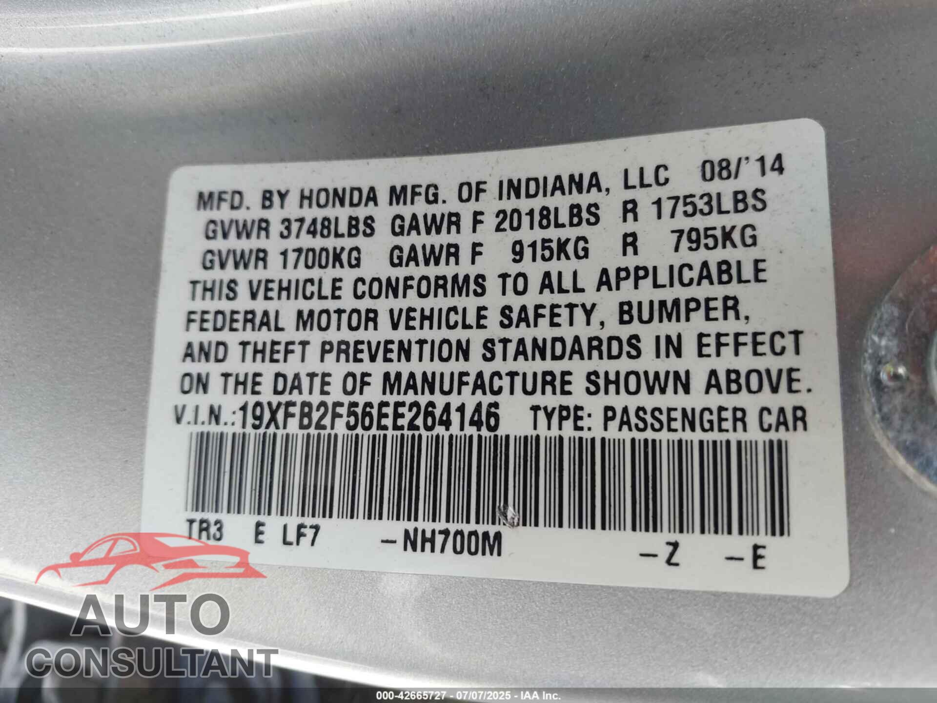 HONDA CIVIC 2014 - 19XFB2F56EE264146