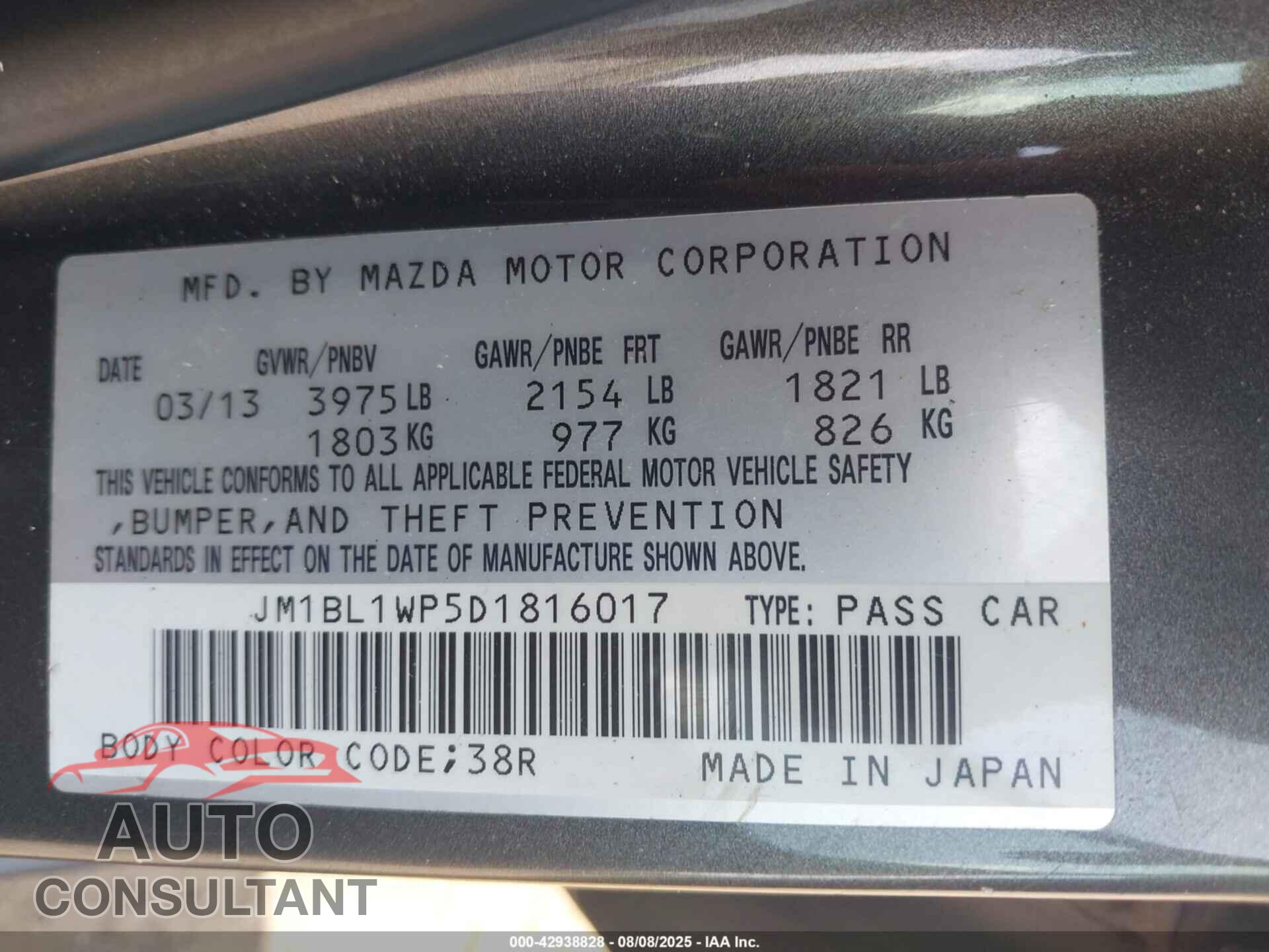 MAZDA MAZDA3 2013 - JM1BL1WP5D1816017