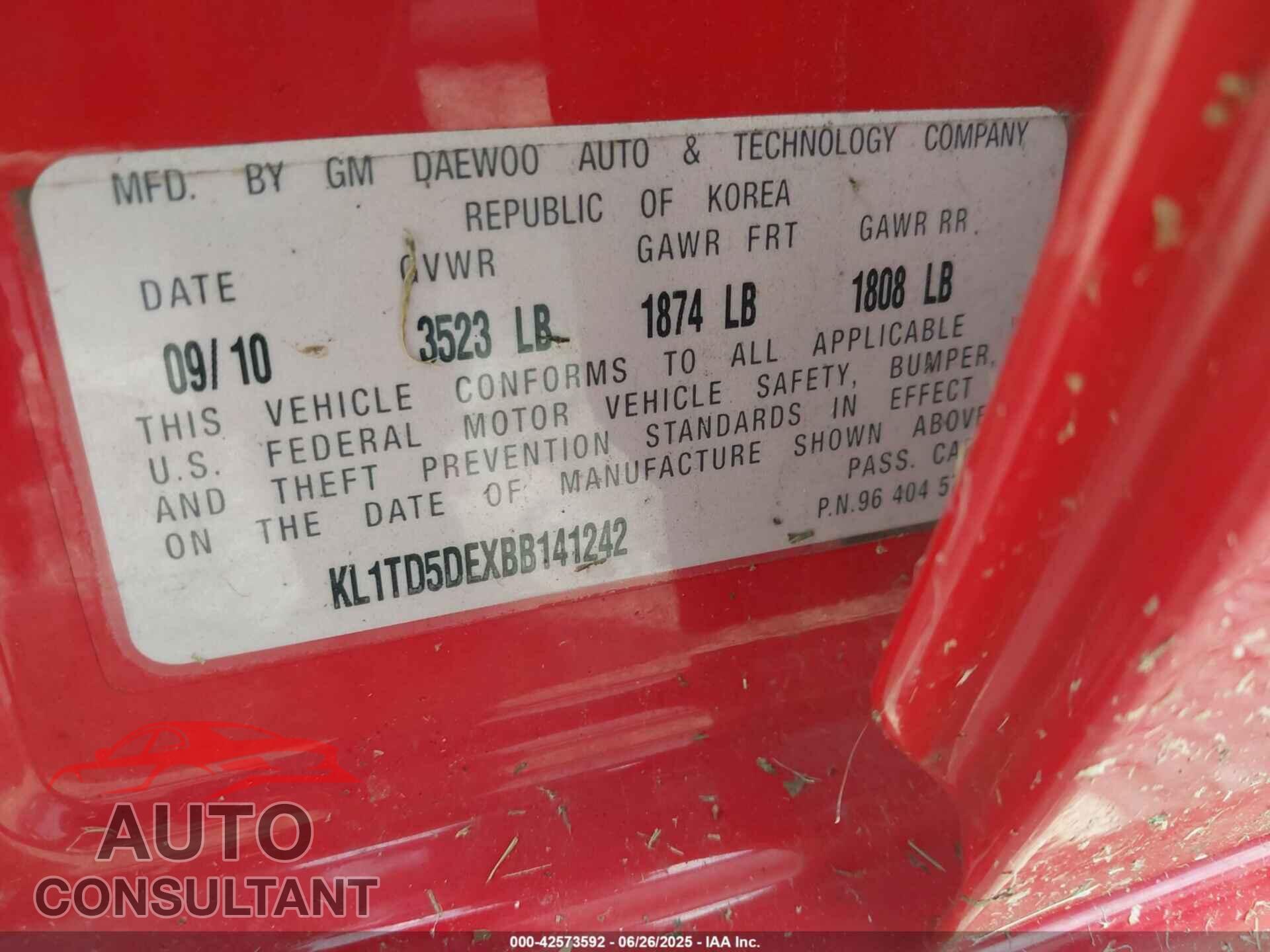 CHEVROLET AVEO 2011 - KL1TD5DEXBB141242