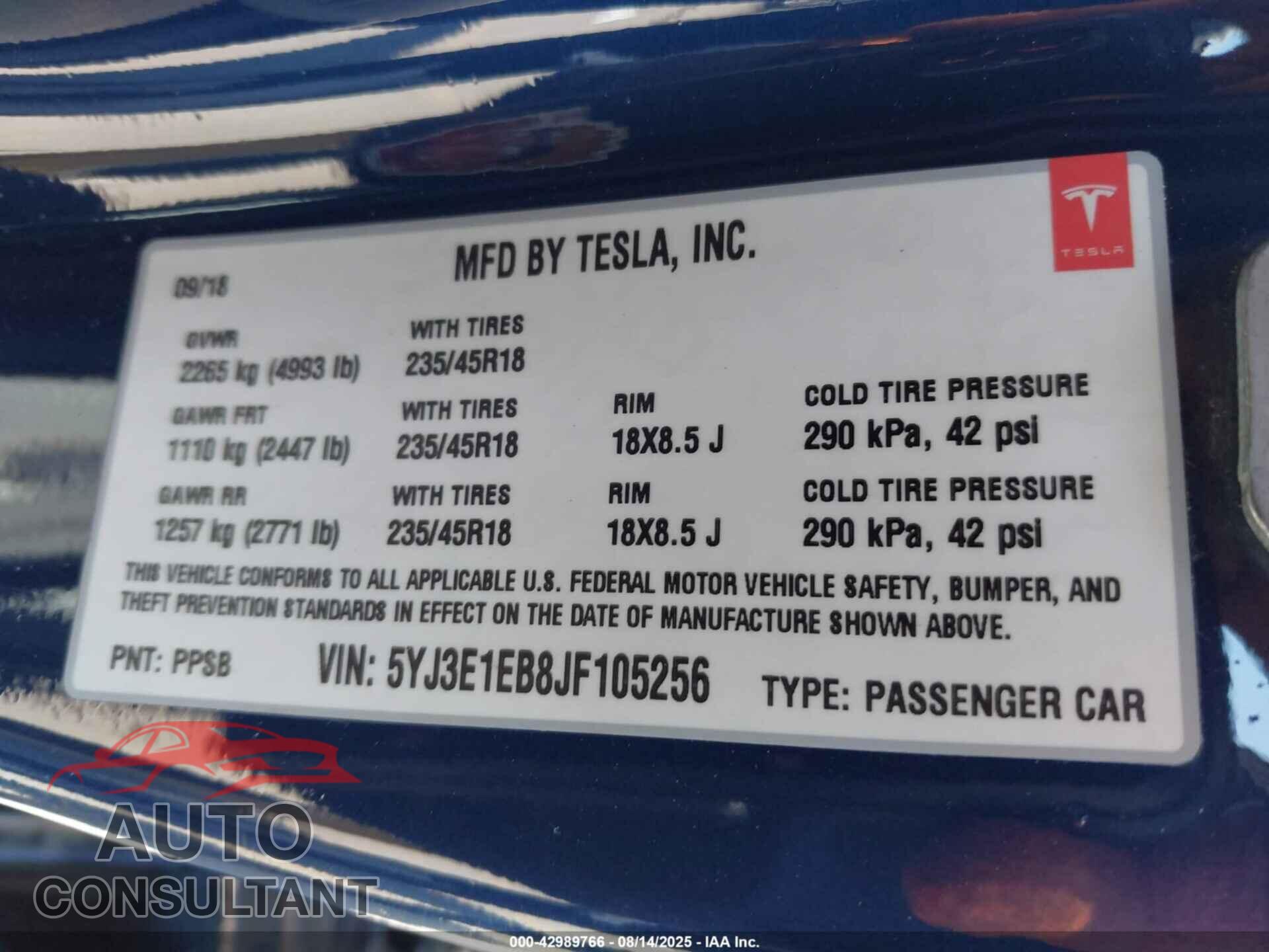 TESLA MODEL 3 2018 - 5YJ3E1EB8JF105256