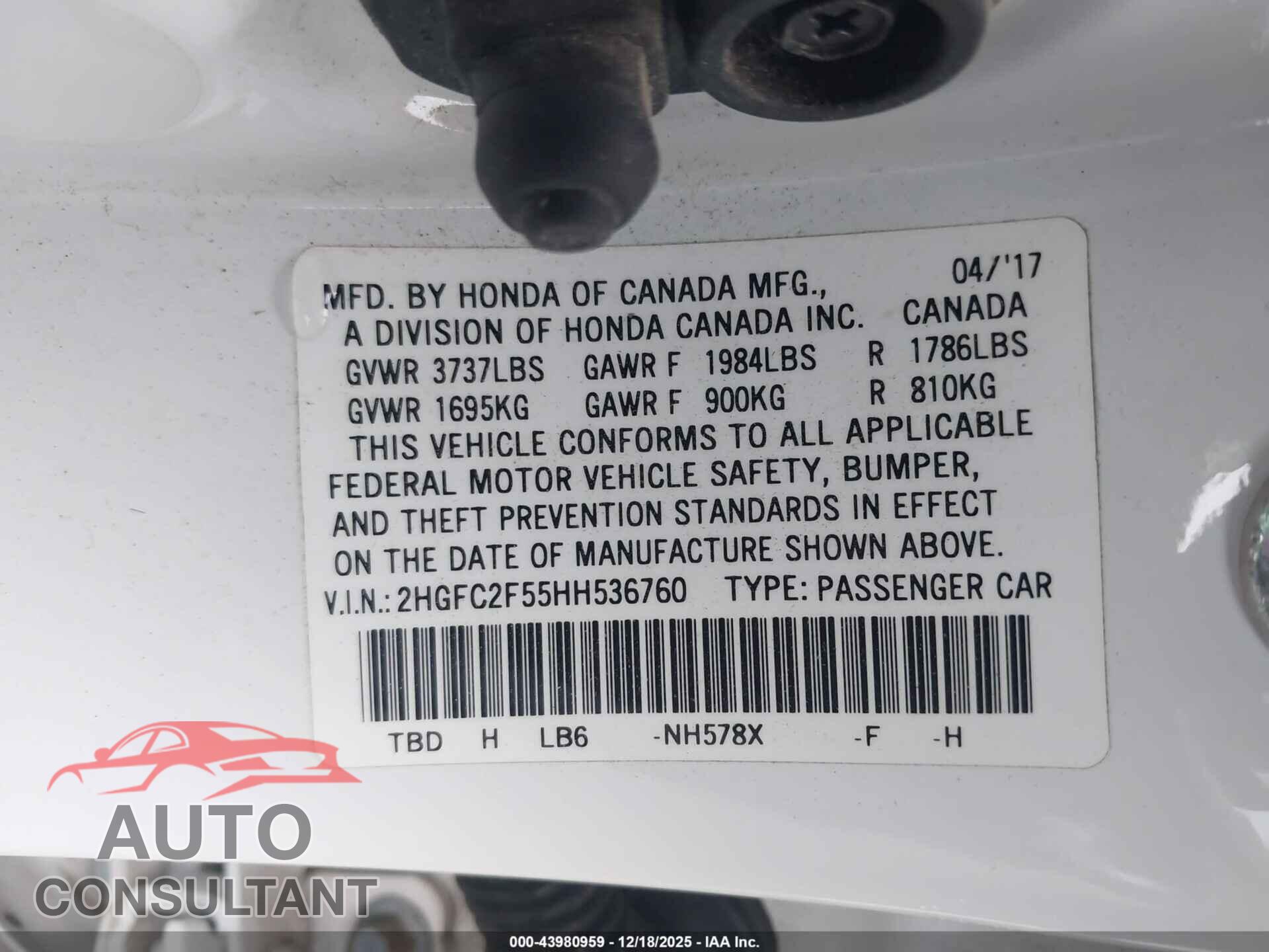 HONDA CIVIC 2017 - 2HGFC2F55HH536760