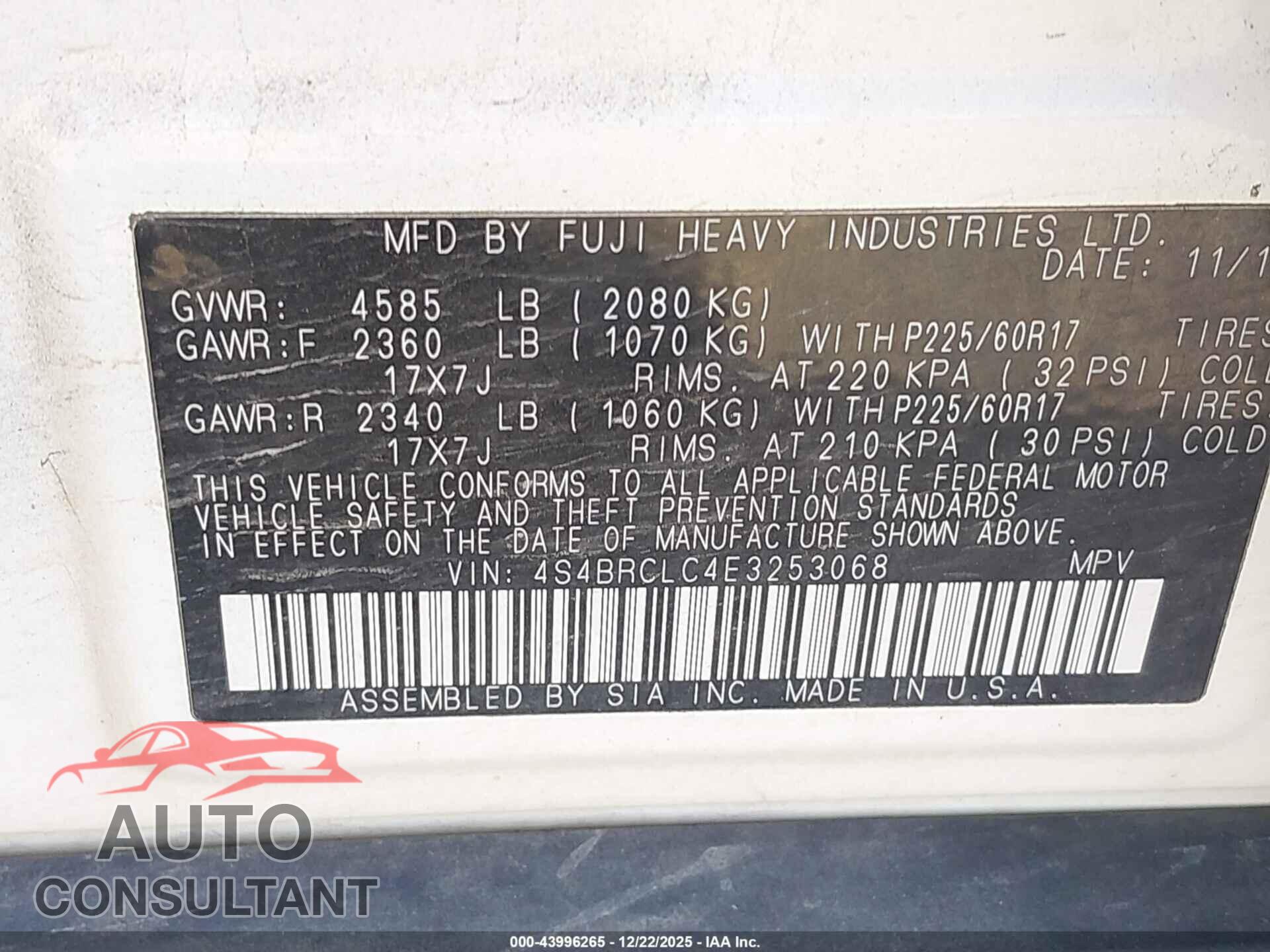 SUBARU OUTBACK 2014 - 4S4BRCLC4E3253068