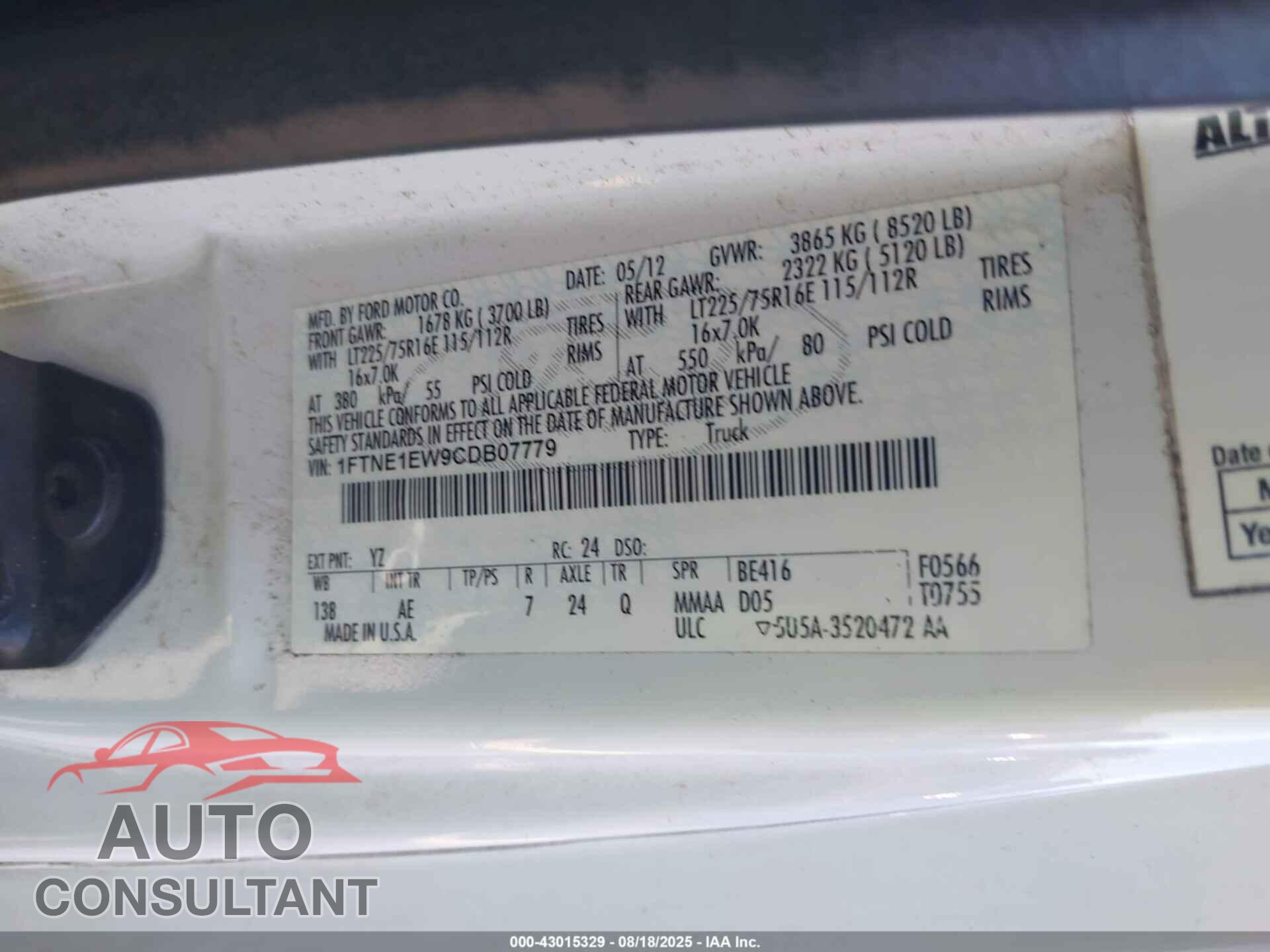 FORD E-150 2012 - 1FTNE1EW9CDB07779