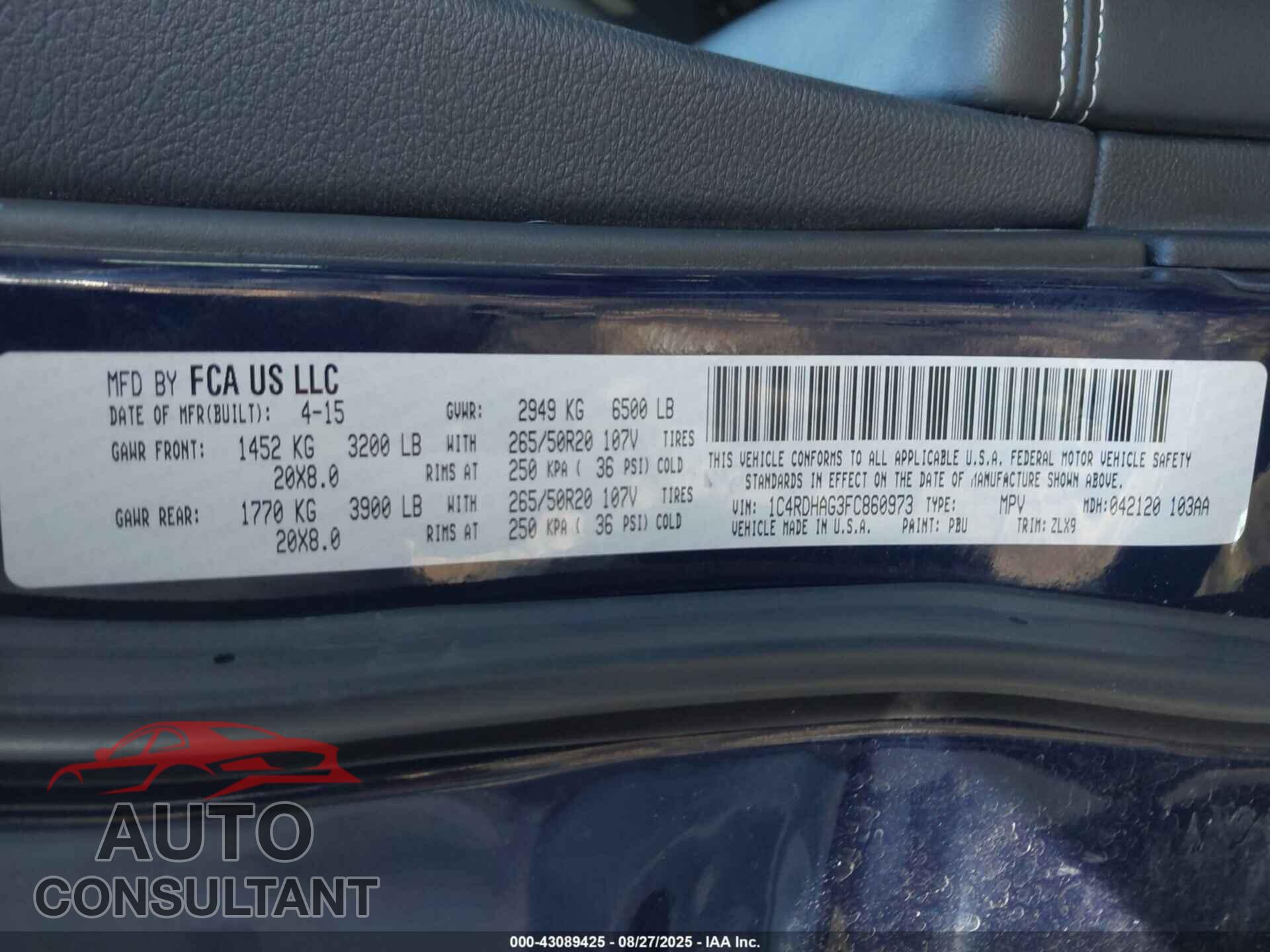 DODGE DURANGO 2015 - 1C4RDHAG3FC860973