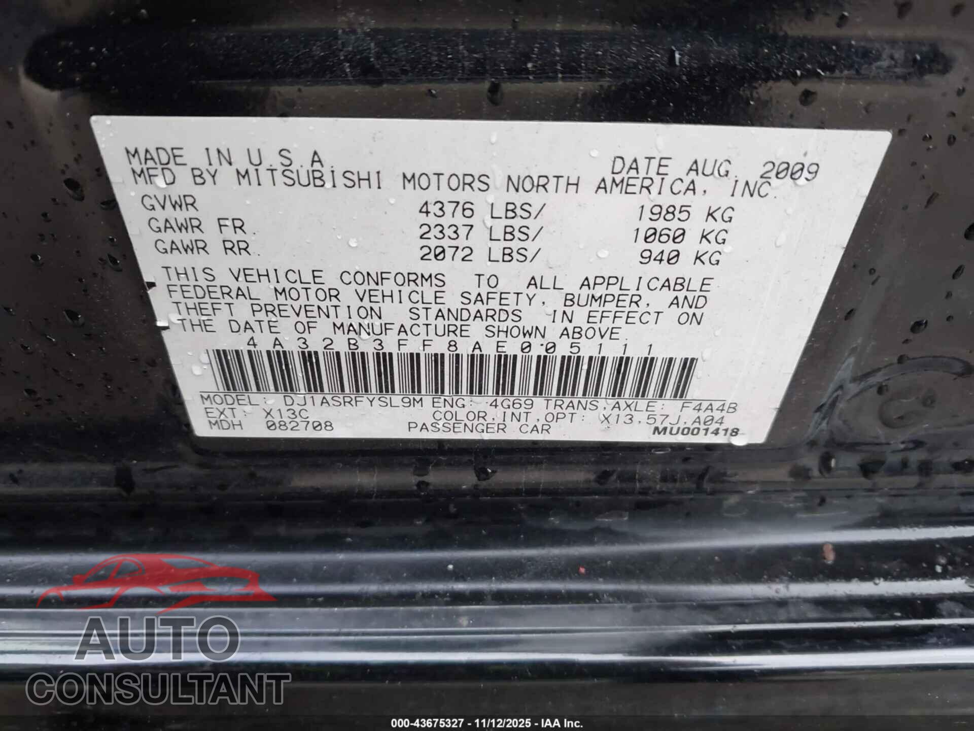 MITSUBISHI GALANT 2010 - 4A32B3FF8AE005111