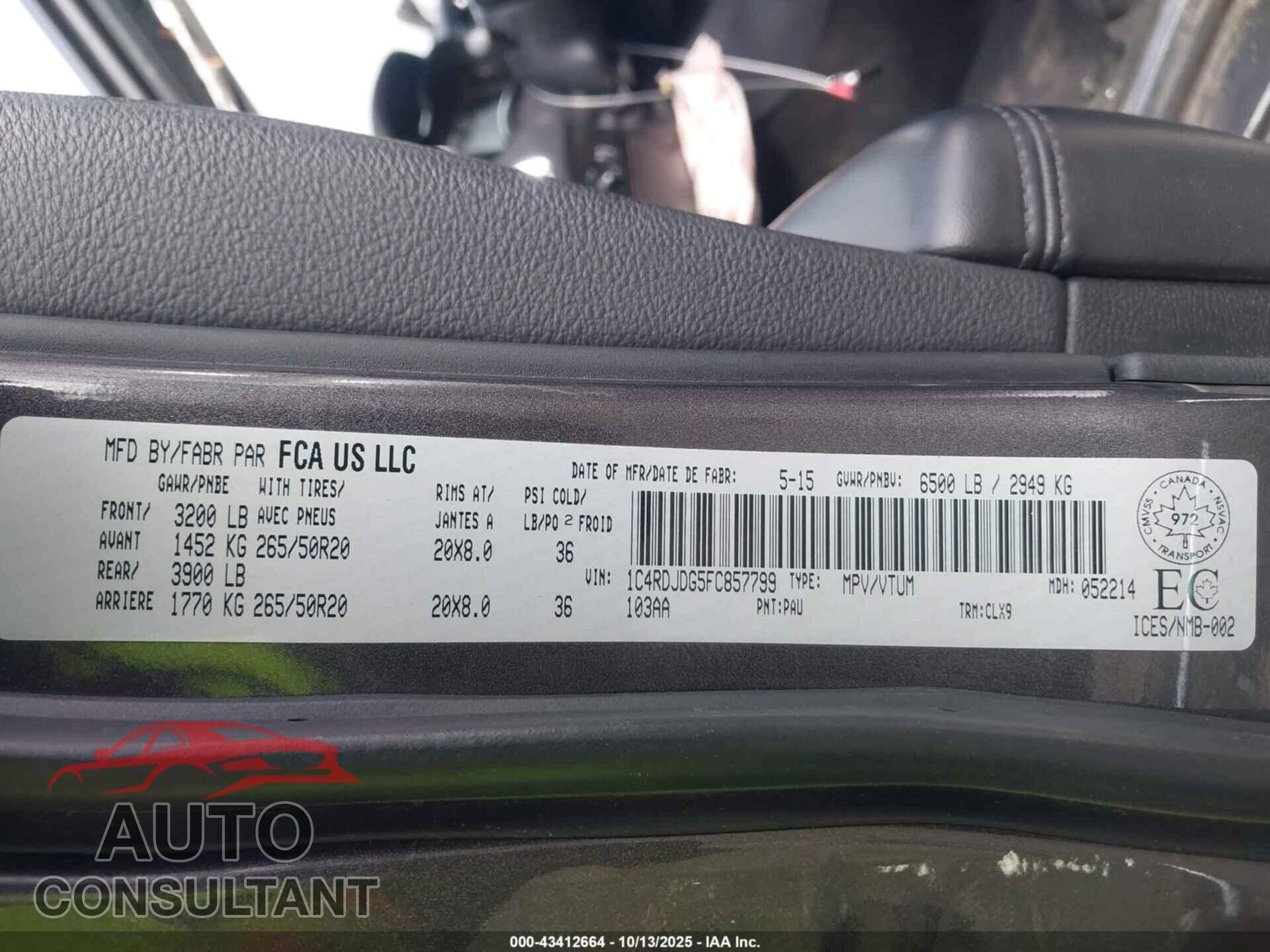 DODGE DURANGO 2015 - 1C4RDJDG5FC857799