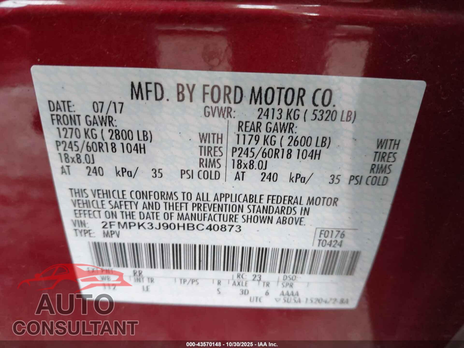 FORD EDGE 2017 - 2FMPK3J90HBC40873