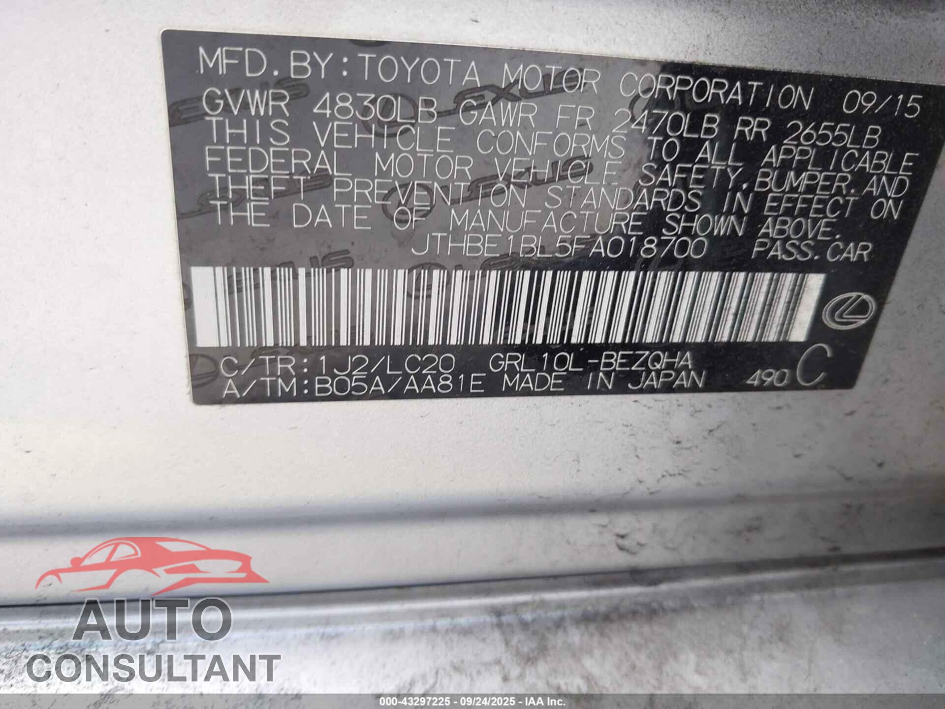 LEXUS GS 350 2015 - JTHBE1BL5FA018700