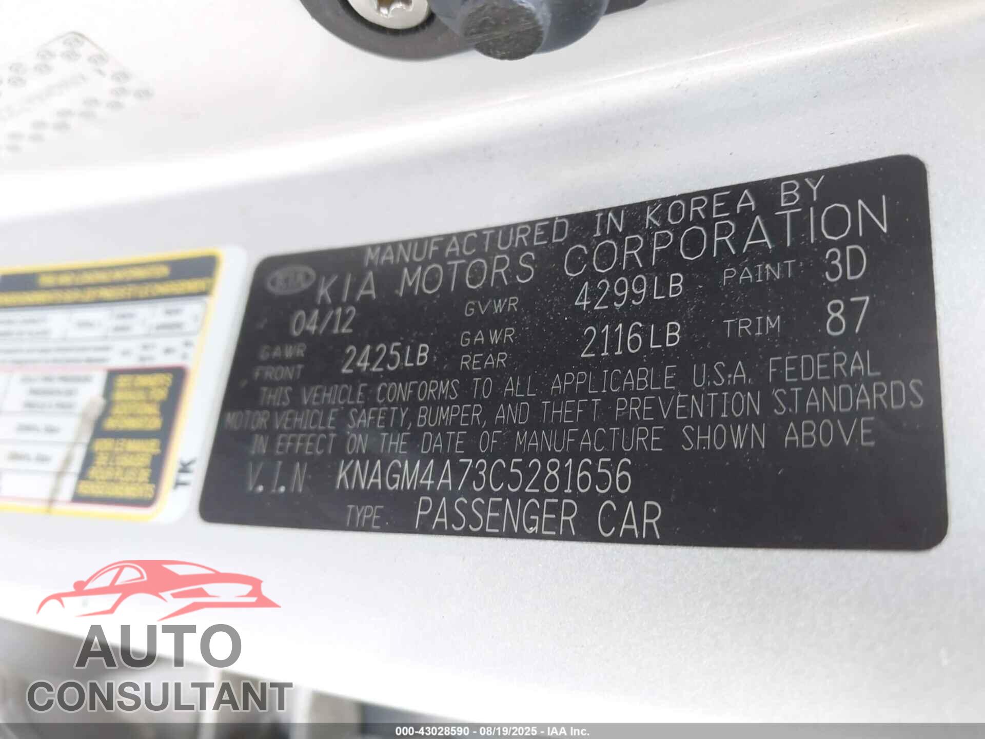 KIA OPTIMA 2012 - KNAGM4A73C5281656