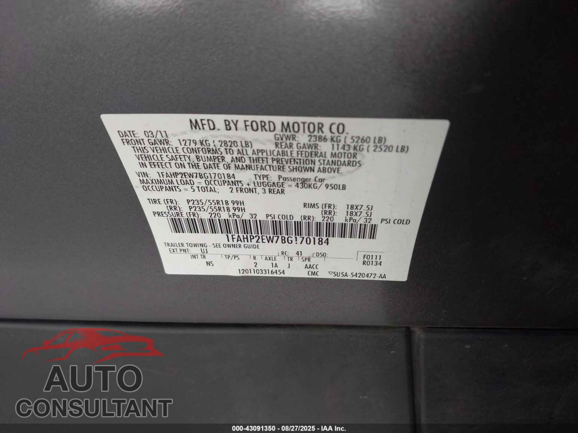 FORD TAURUS 2011 - 1FAHP2EW7BG170184