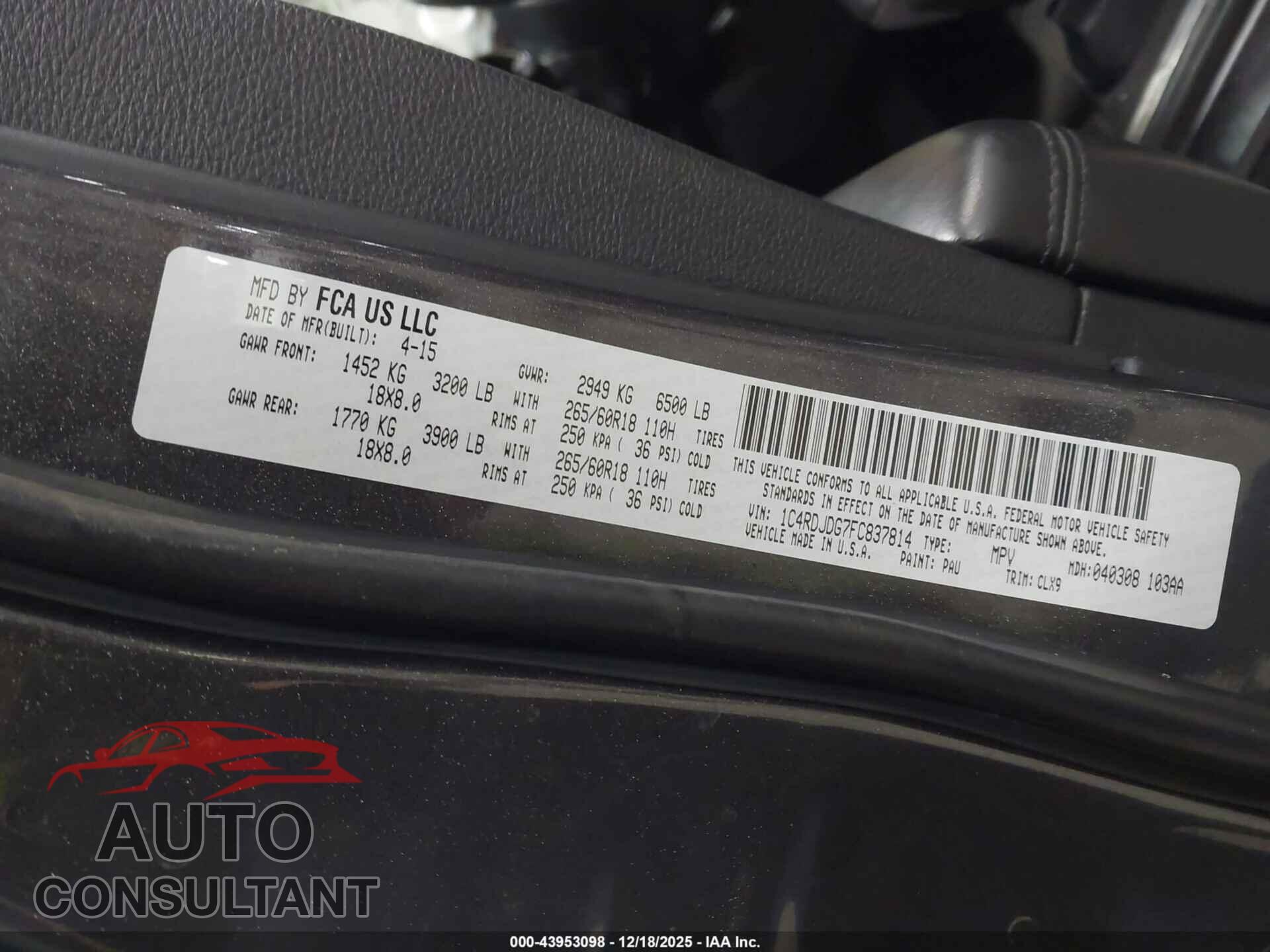 DODGE DURANGO 2015 - 1C4RDJDG7FC837814