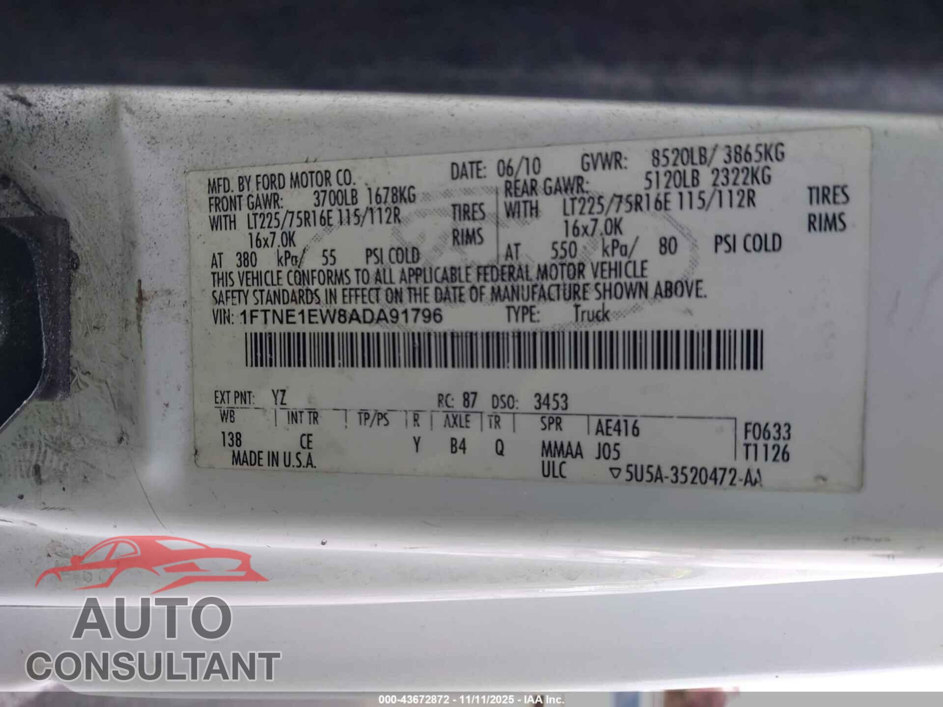 FORD E-150 2010 - 1FTNE1EW8ADA91796