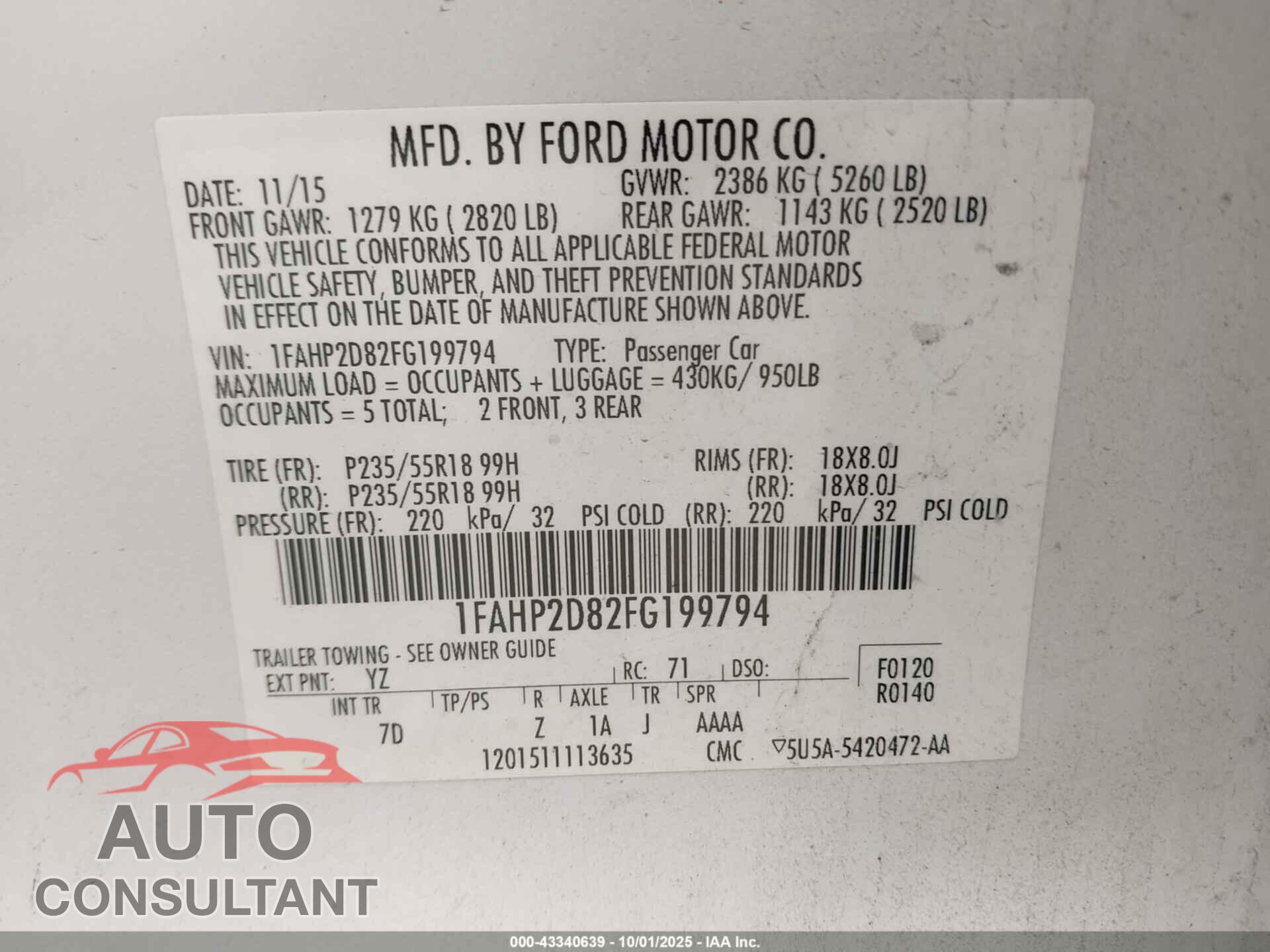 FORD TAURUS 2015 - 1FAHP2D82FG199794