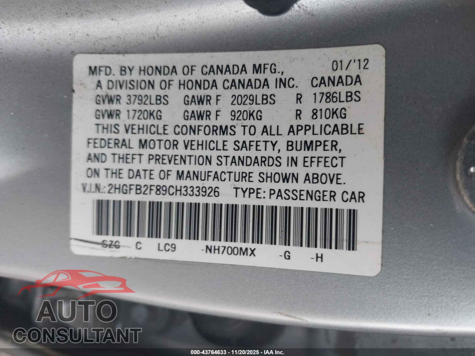 HONDA CIVIC 2012 - 2HGFB2F89CH333926
