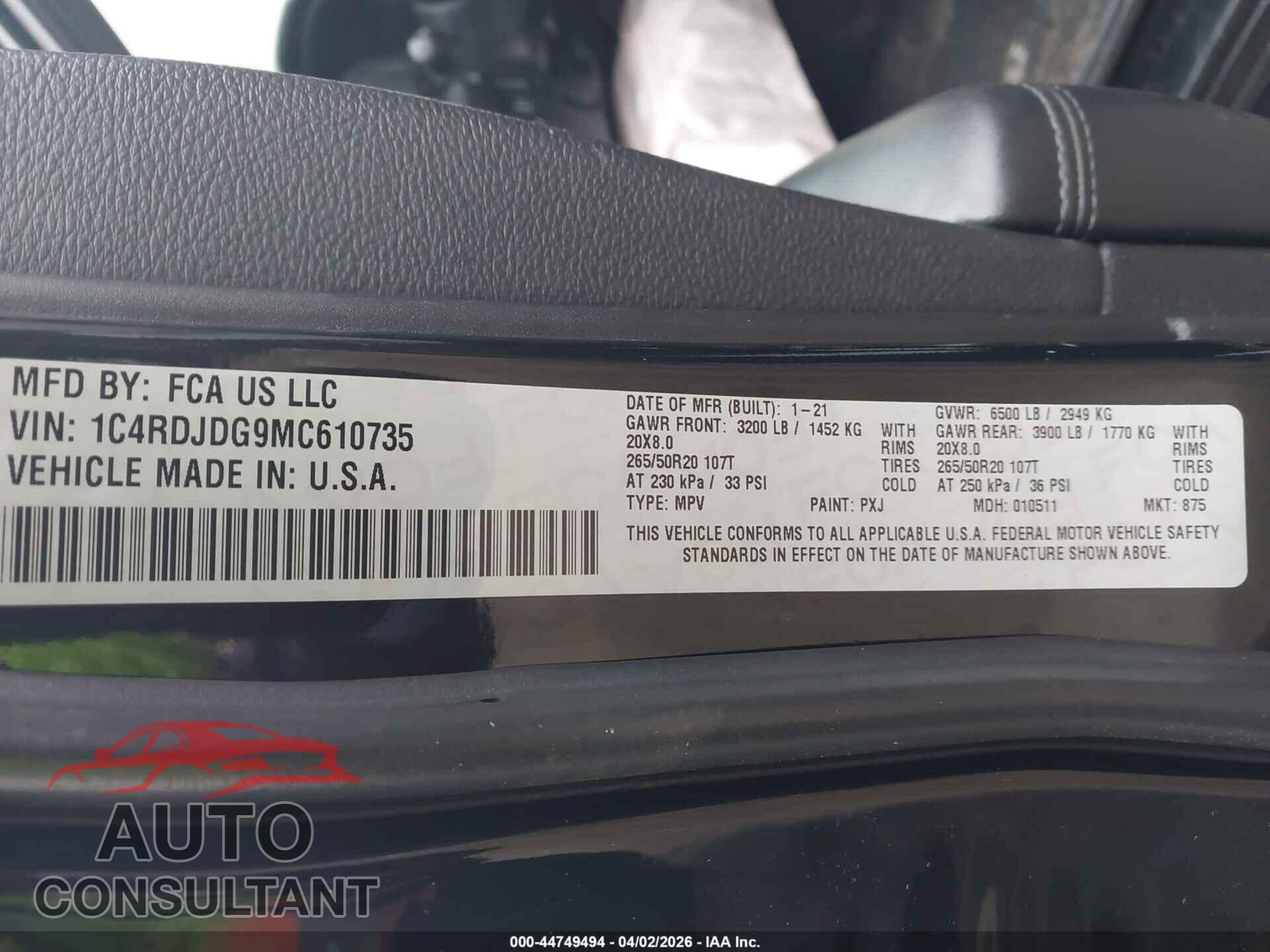 DODGE DURANGO 2021 - 1C4RDJDG9MC610735