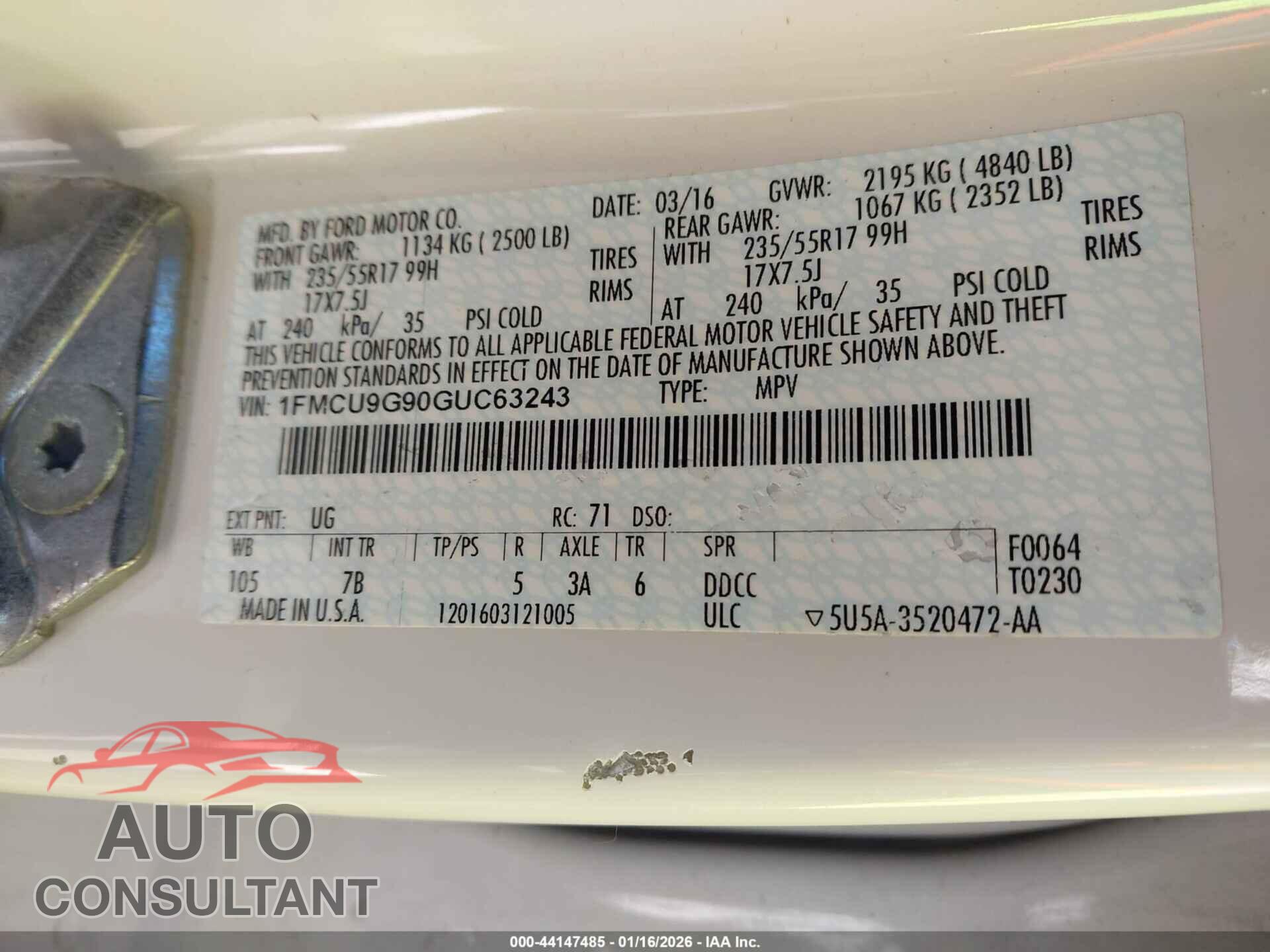 FORD ESCAPE 2016 - 1FMCU9G90GUC63243