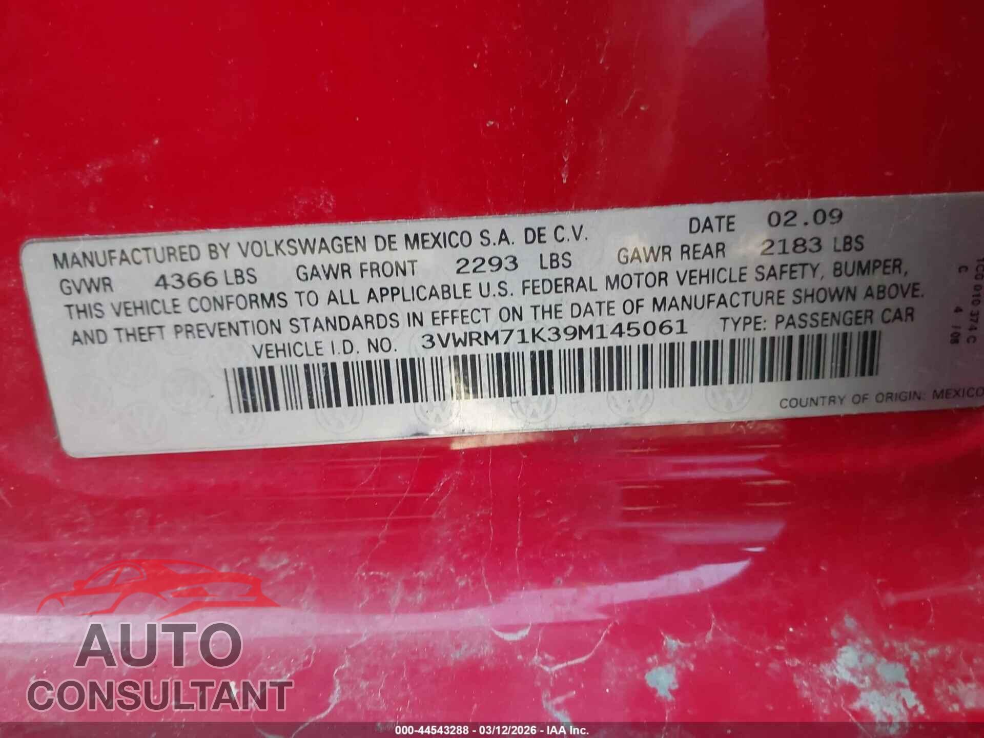 VOLKSWAGEN JETTA 2009 - 3VWRM71K39M145061