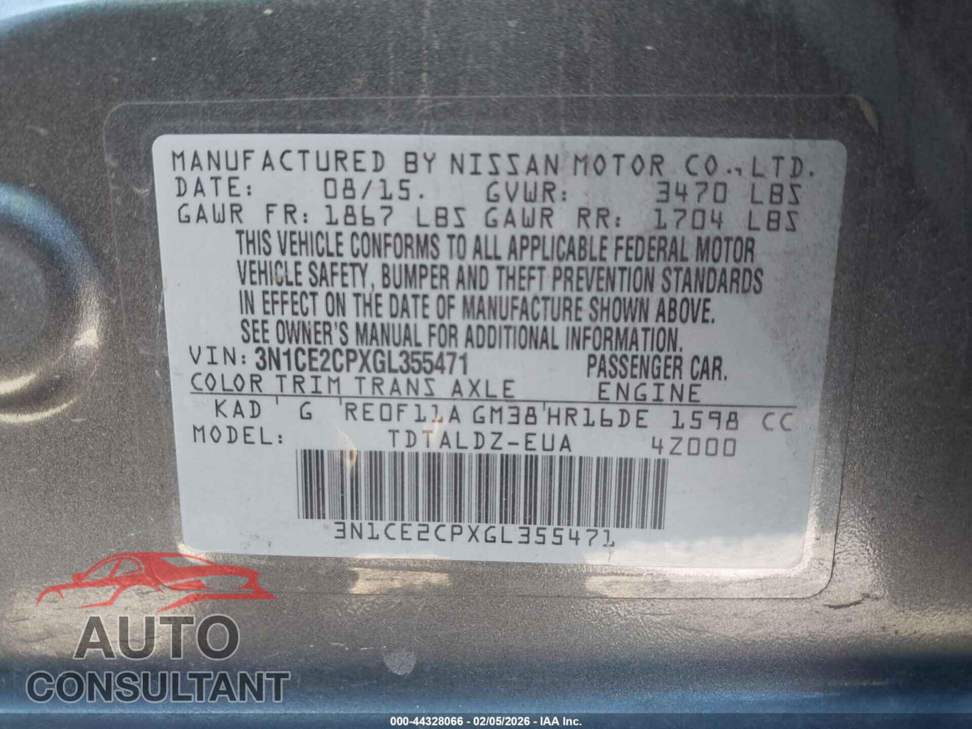 NISSAN VERSA NOTE 2016 - 3N1CE2CPXGL355471