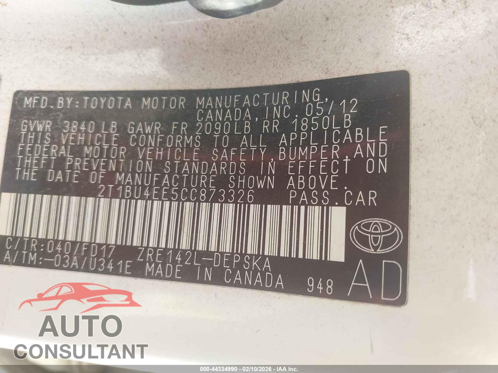 TOYOTA COROLLA 2012 - 2T1BU4EE5CC873326