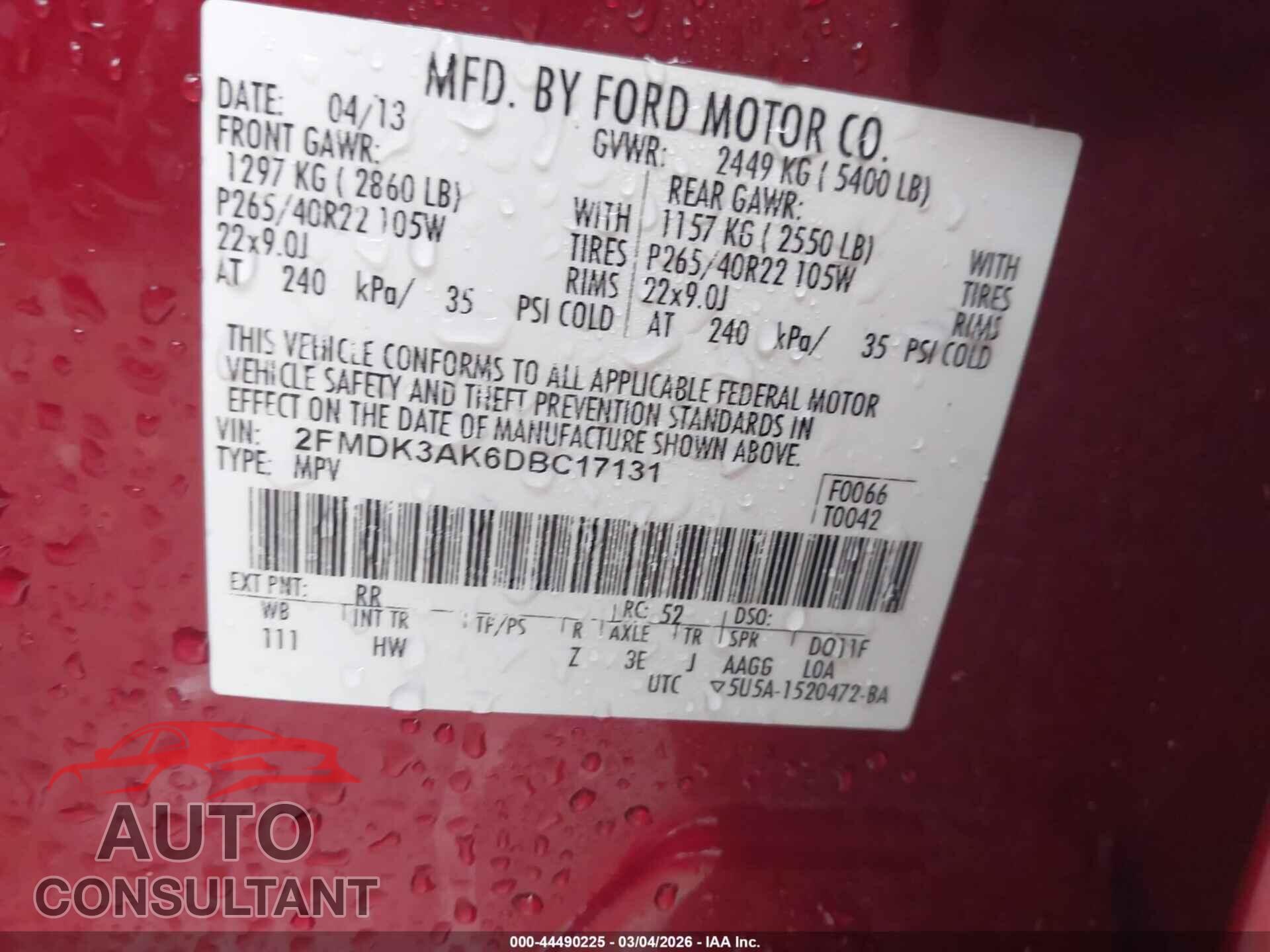 FORD EDGE 2013 - 2FMDK3AK6DBC17131