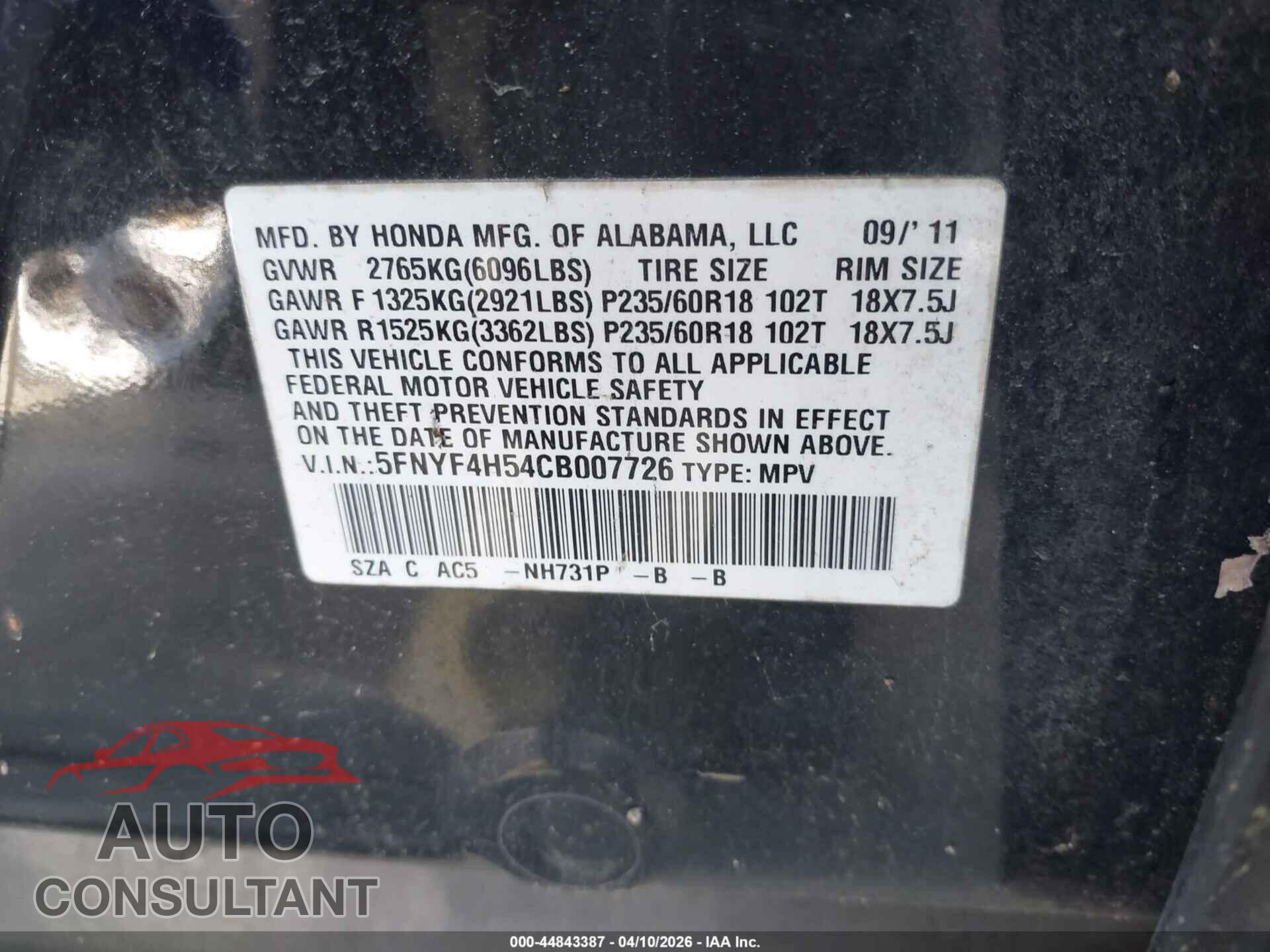 HONDA PILOT 2012 - 5FNYF4H54CB007726